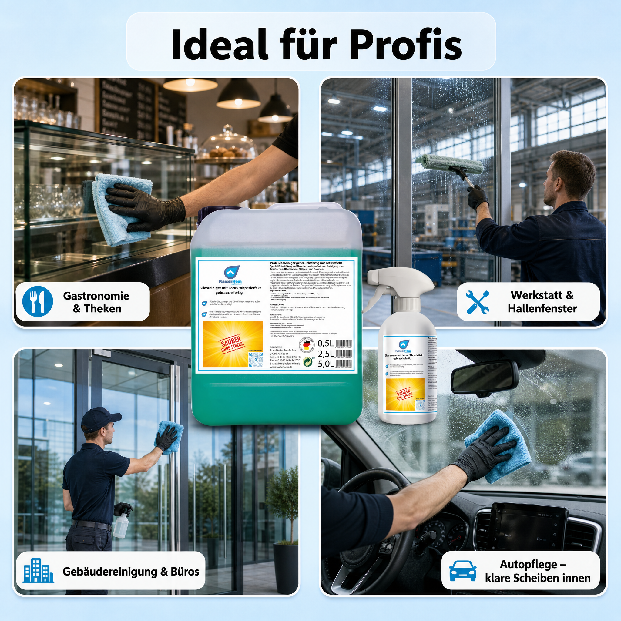 Profi Glasreiniger mit Lotus-effekt (Abperleffelt) gebrauchsfertig 2,5 L Nachfüll Kanister