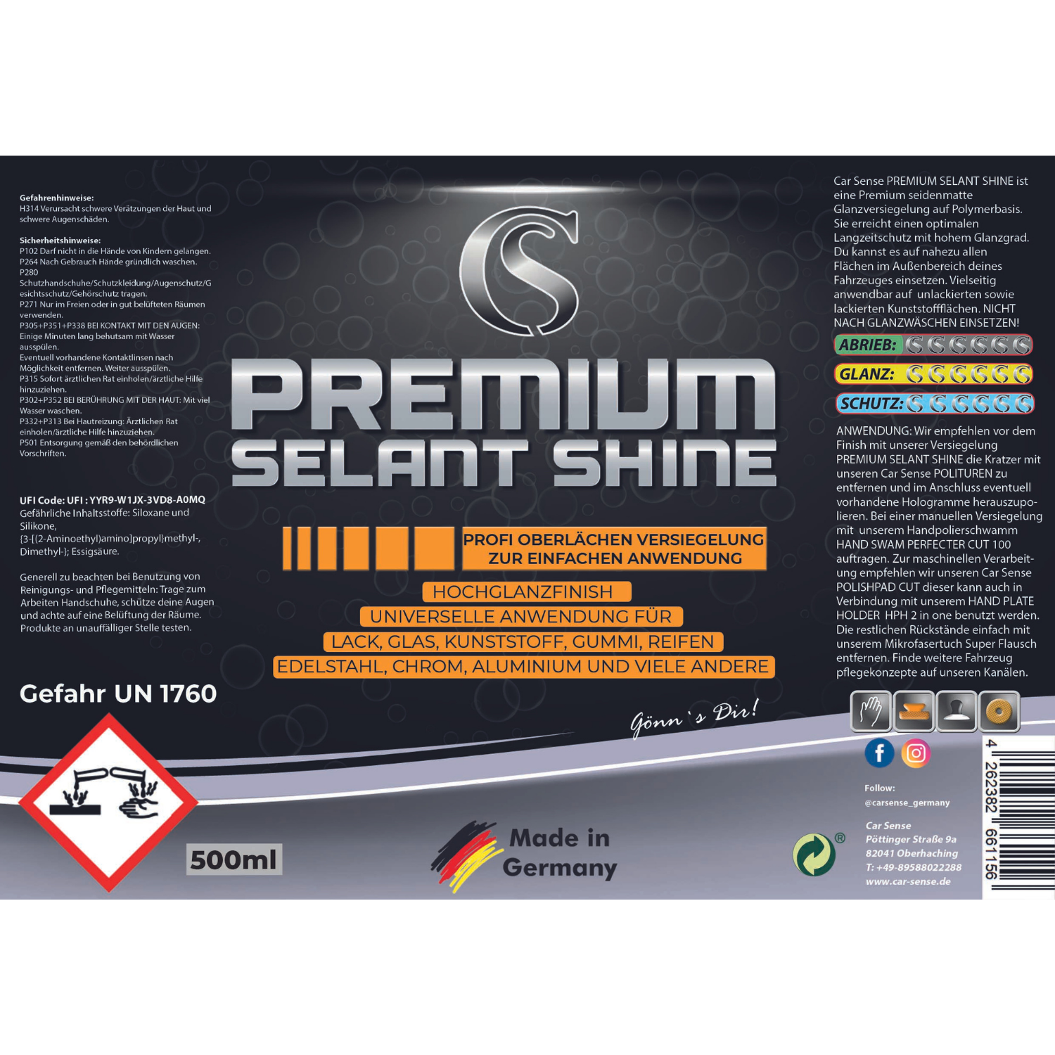 Car Sense Premium Selant Shine Premium seidenmatte Glanzversiegelung auf Polymerbasis | Für Oberflächen an Fahrzeugen | Langzeitschutz mit hohem Glanzgrad | Vielseitig anwendbar