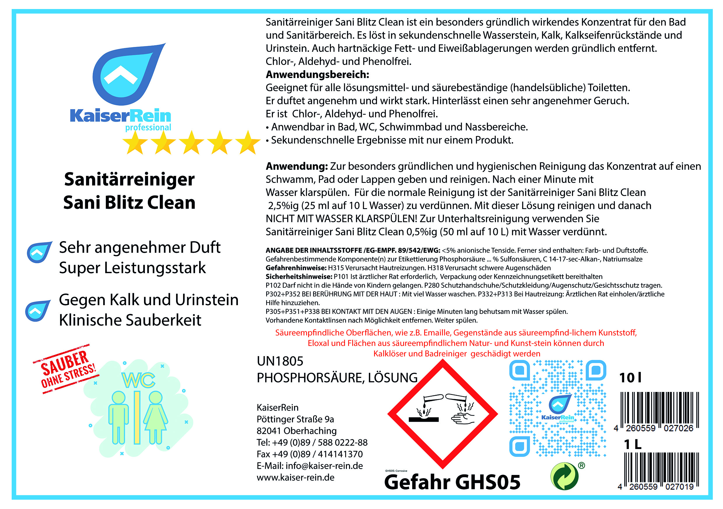 Sanitärreiniger Sani Blitz Clean 10 L Profi Reiniger Extra stark mit sehr gutem Geruch