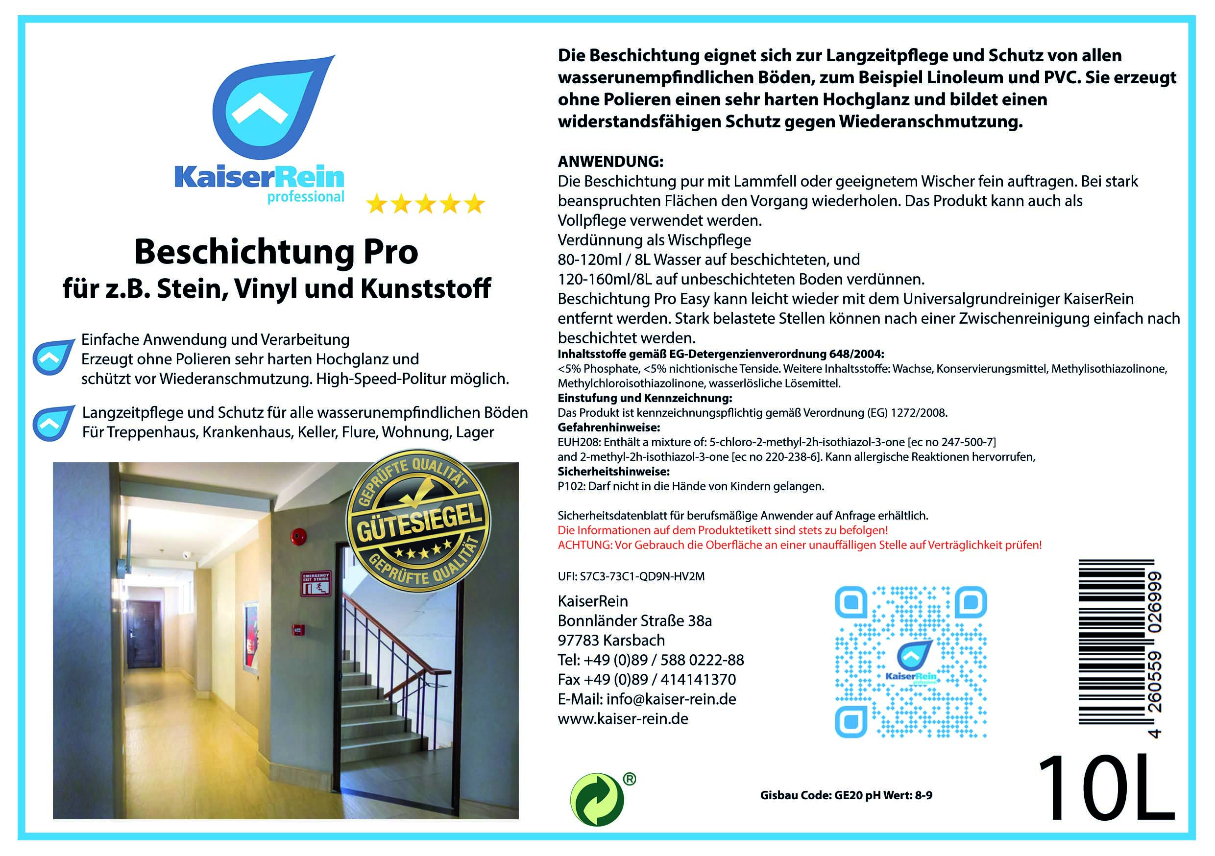 Beschichtung Pro zur Versieglung und Unterhaltsreinigung auf z.B. Stein, Laminat, PVC, Vinyl und Kun