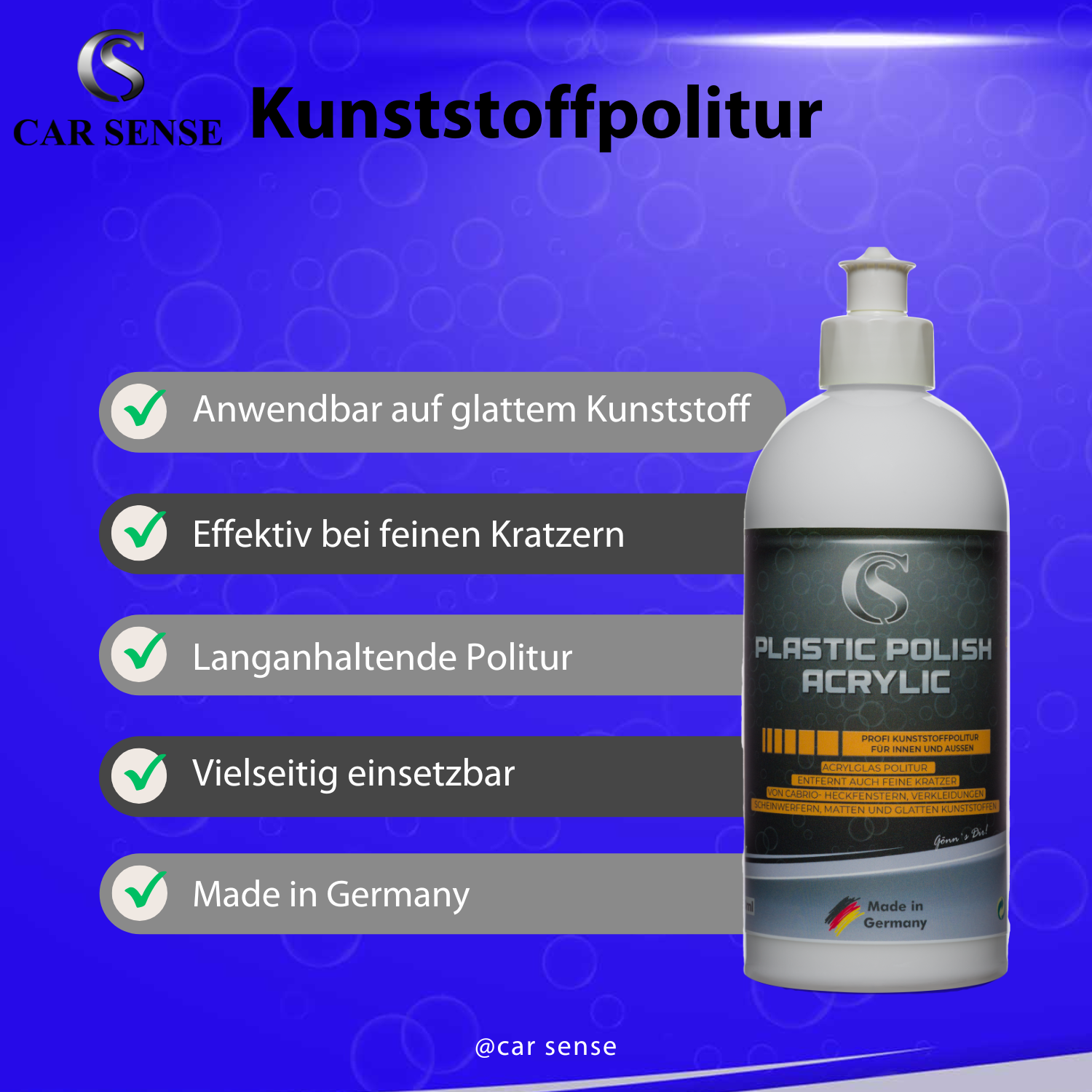 Car Sense Premium Kunststoffpolitur - Schonende Politur für glänzende Kunststoffoberflächen an Auto, Motorrad & Co. - Entfernt Kratzer, Verunreinigungen & mehr