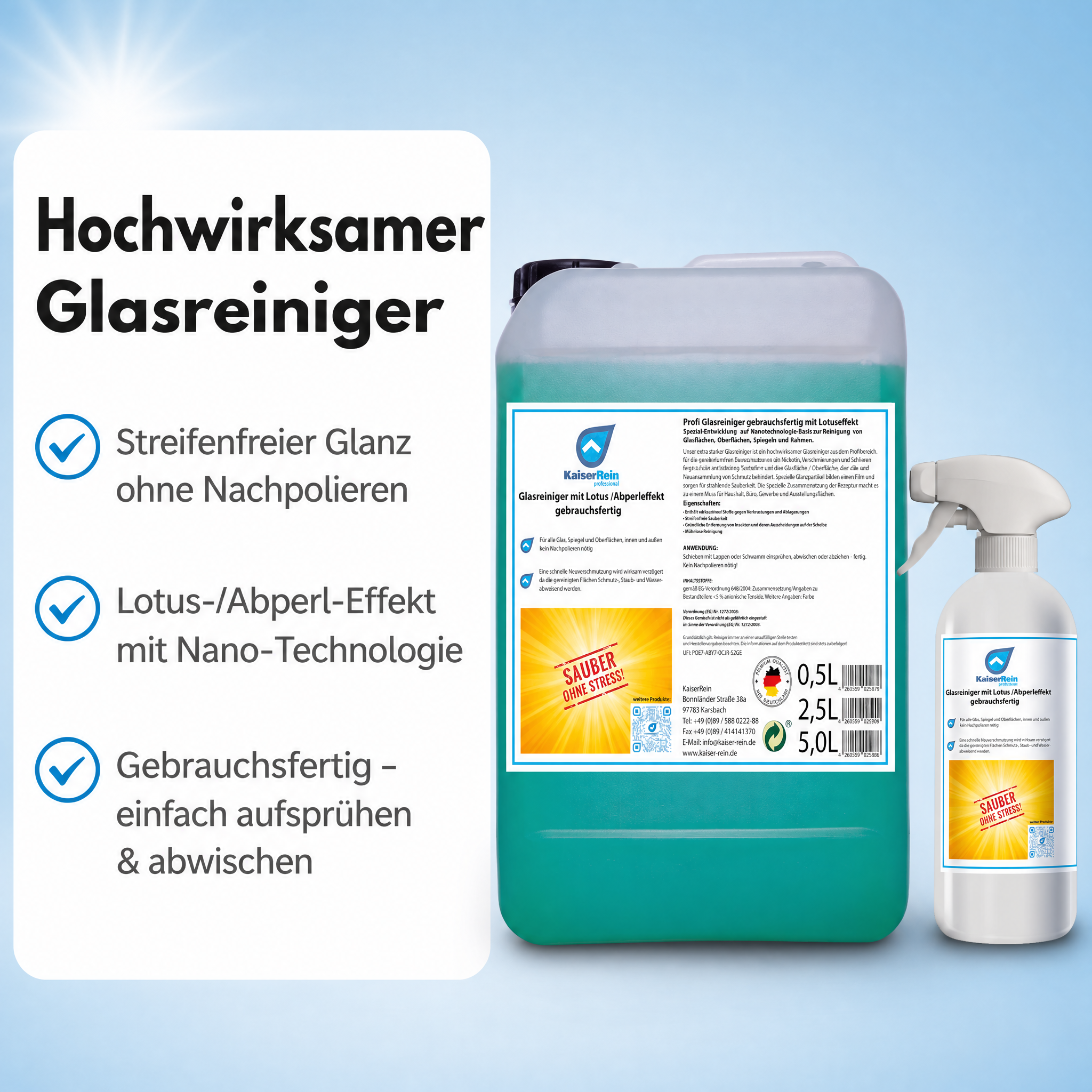 Profi Glasreiniger mit Lotus-effekt (Abperleffelt) gebrauchsfertig 2,5 L Nachfüll Kanister