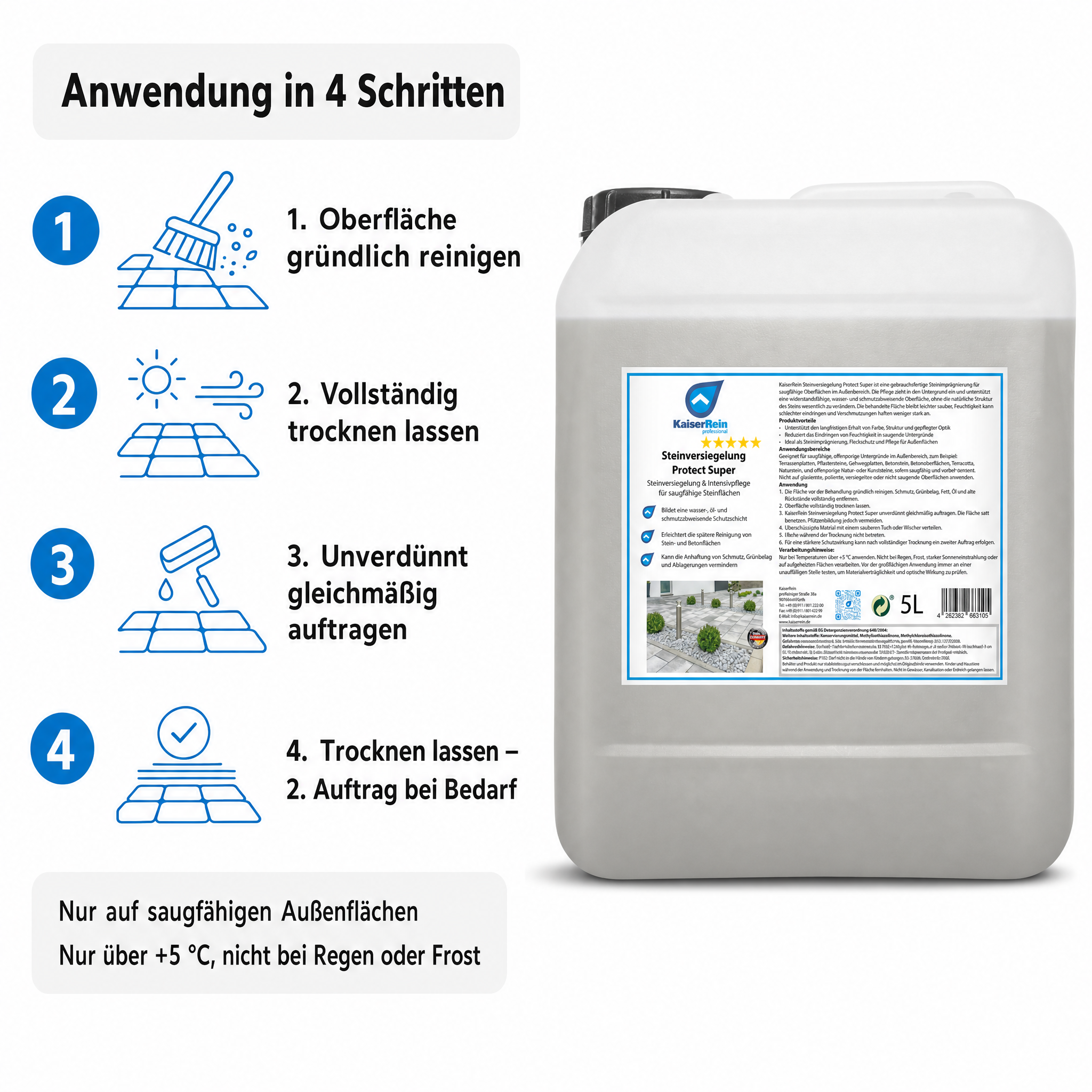 Steinimprägnierung außen Protect Super, Steinversiegelung für Terrassenplatten, Pflastersteine, Beton & Terracotta, wasser-, öl- und schmutzabweisender Fleckschutz, Made in Germany, 5 L
