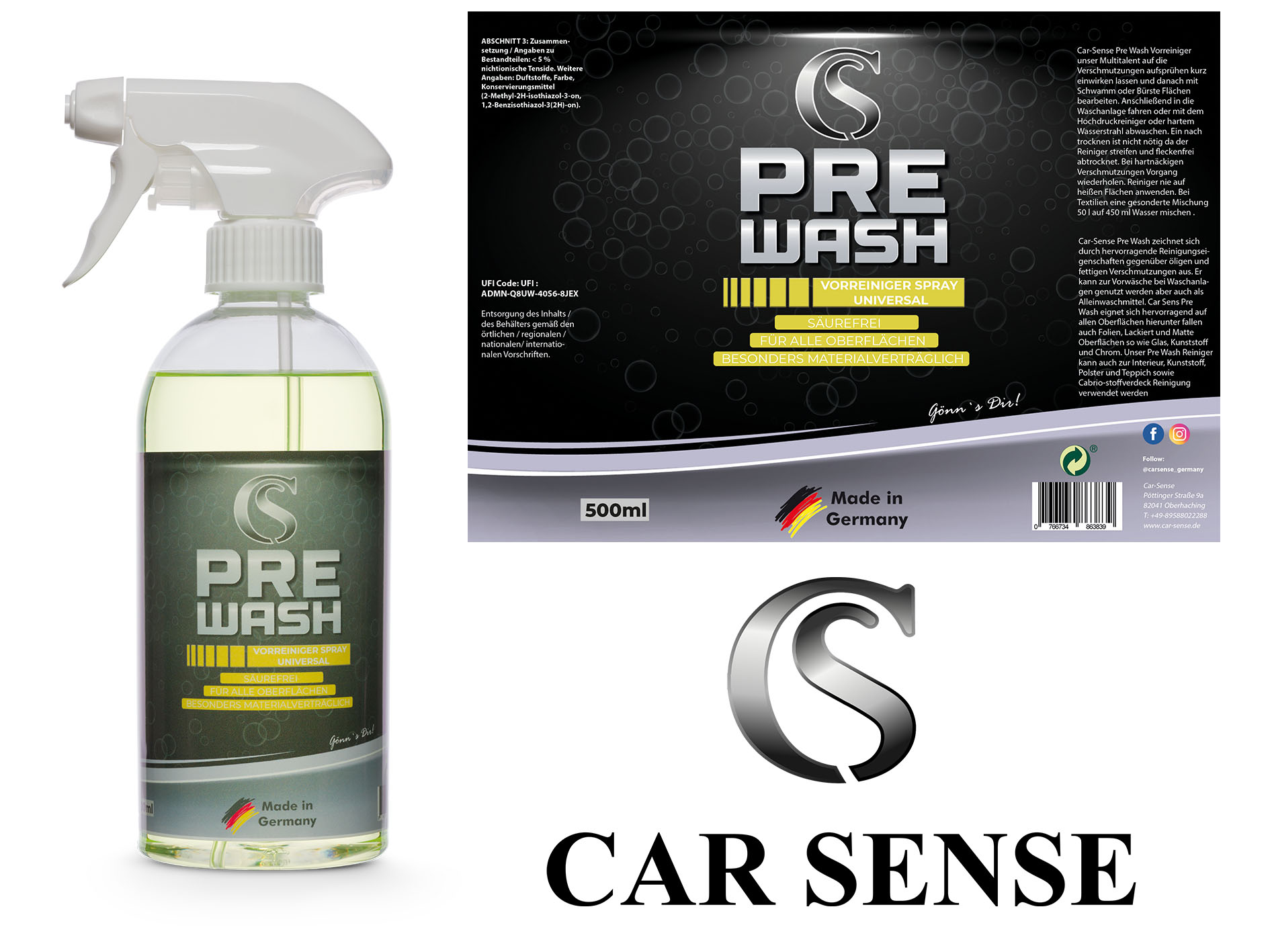 Car Sense Pre Wash Fahrzeug Vorreiniger 0,5 L Universalreiniger I Autopflege Reinigung von Fahrzeuge