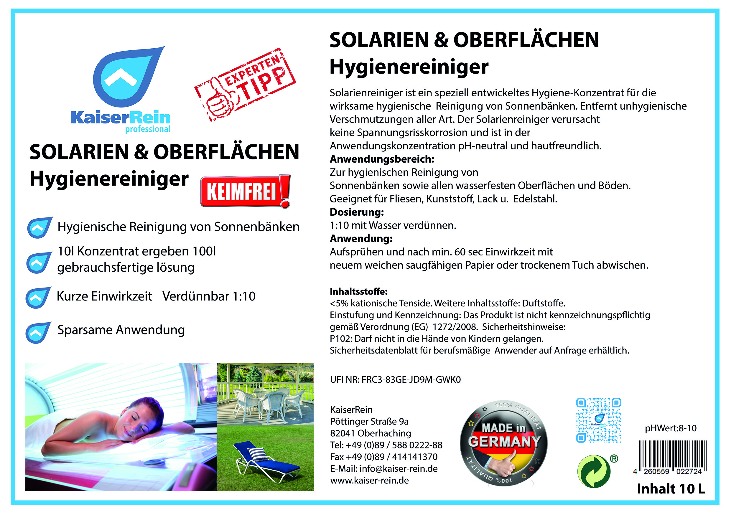 Solarium-Reiniger Solarien-Reiniger, Sonnenbank-Reiniger Hygiene-Reiniger Konzentrat 10 L Kanister