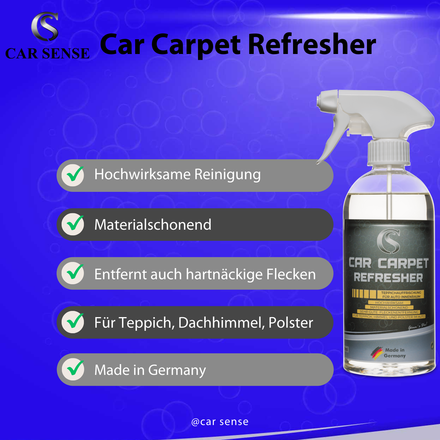 Car Sense Car Carpet Refresher - Polsterreinigung für Autoinnenraum  - Teppichreiniger Auto, Fleckenentferner für Teppich, Hochwirksam & materialschonend