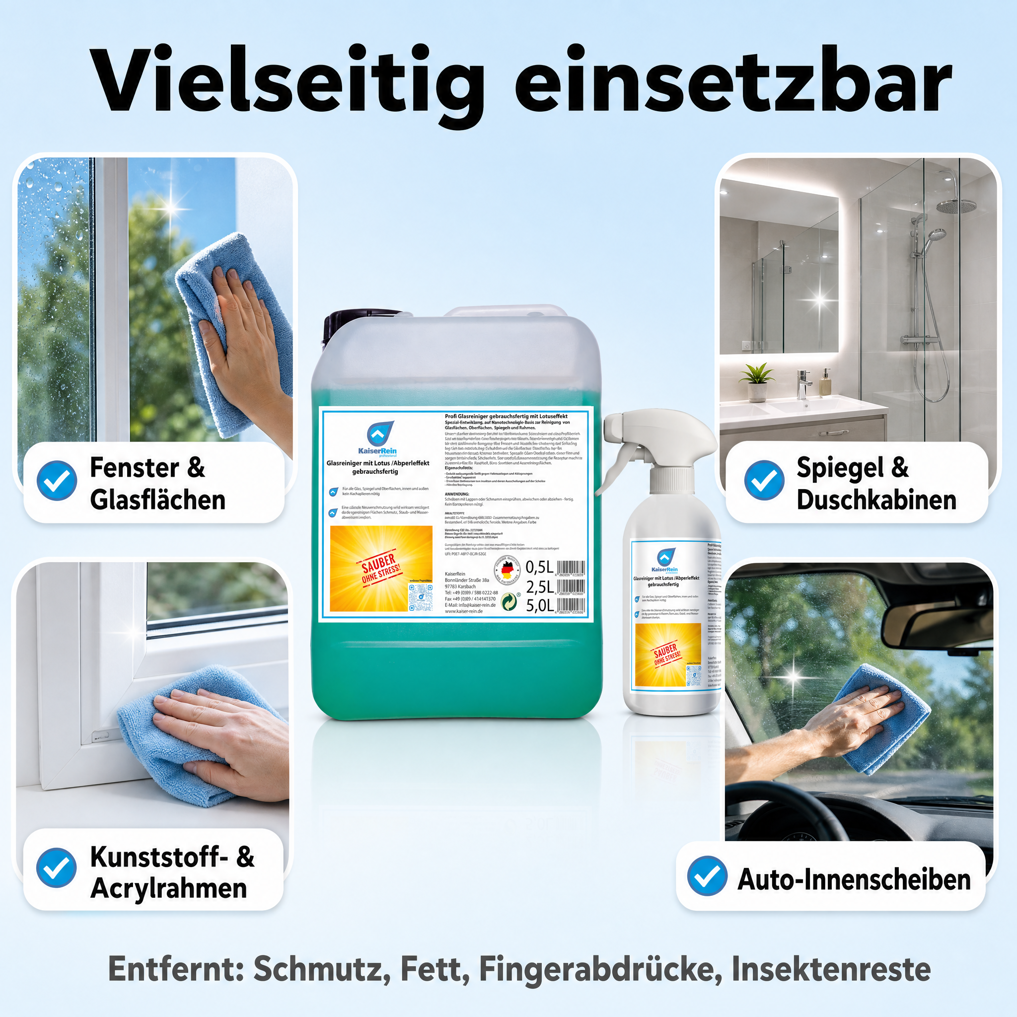 Profi Glasreiniger mit Lotus-effekt (Abperleffelt) gebrauchsfertig 2,5 L Nachfüll Kanister