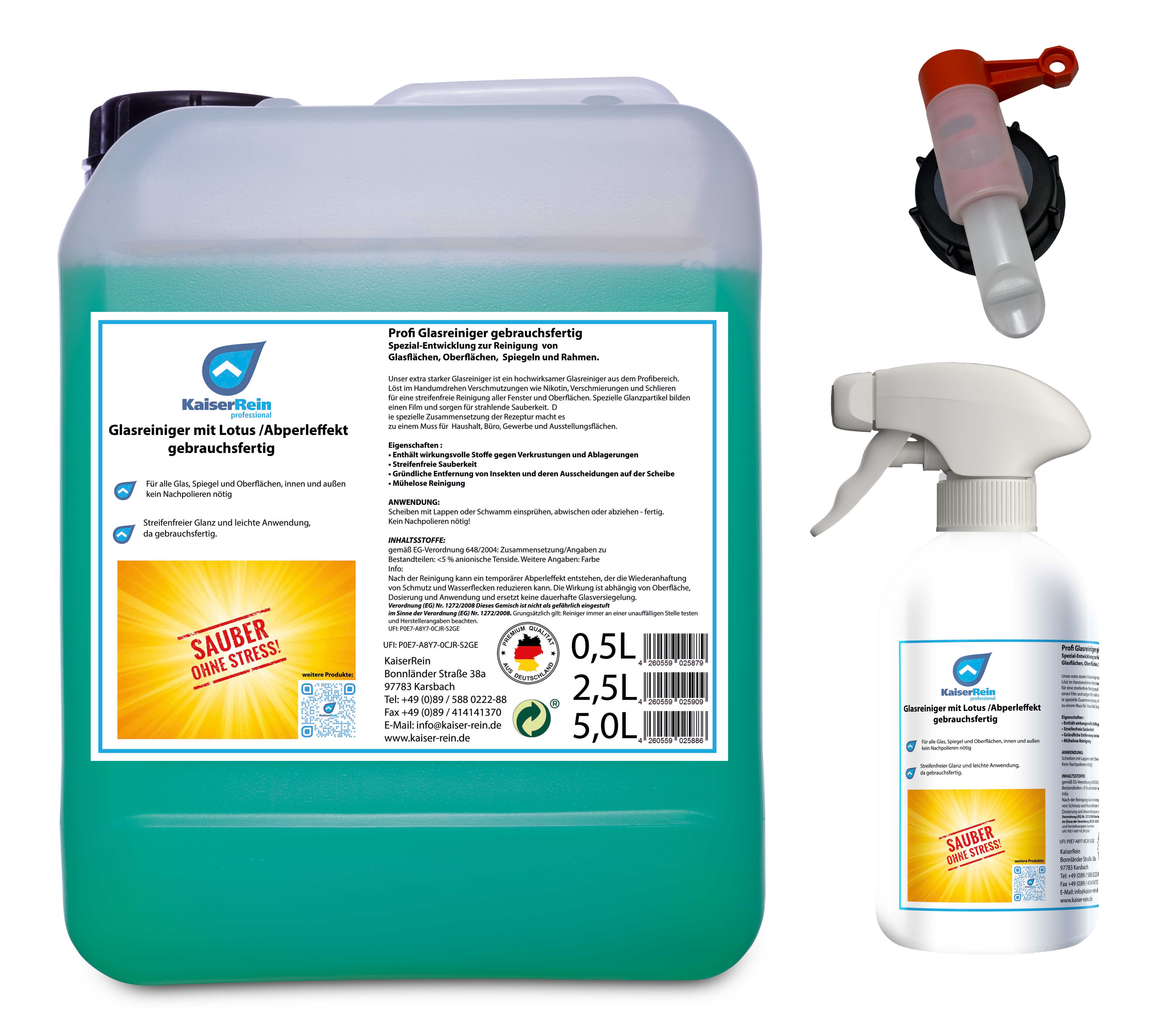 Glasreiniger mit Lotus-Effekt (Abperleffekt) Spray 0,5L Leerflasche + 5 L Kanister+Hahn
