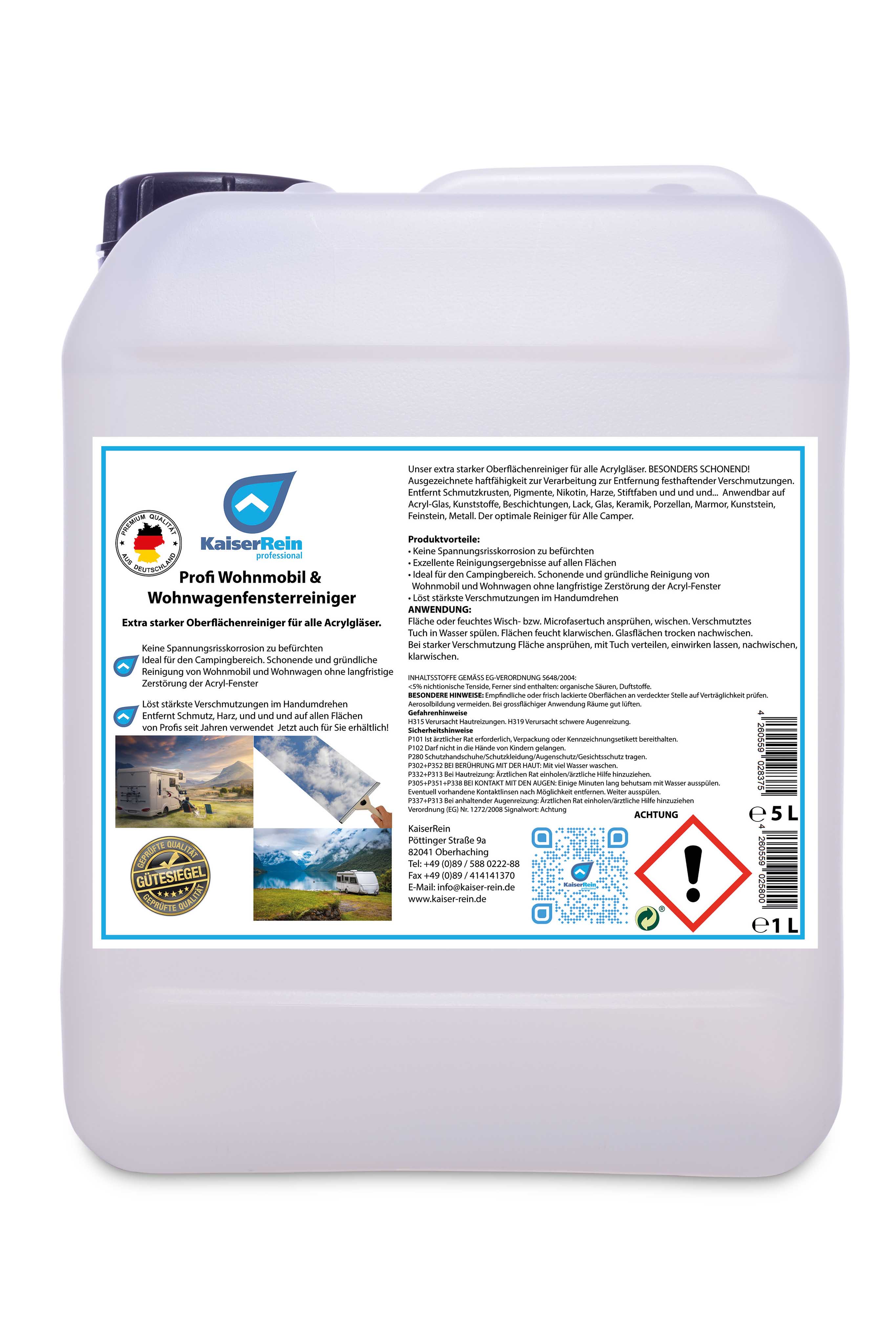 Profi Wohnmobil,- & Wohnwagenfensterreiniger 5 L Kanister für alle Acrylgläser Profi Wohnmobil,- & Wohnwagenfensterreiniger 5 L Kanister für alle Acrylgläser