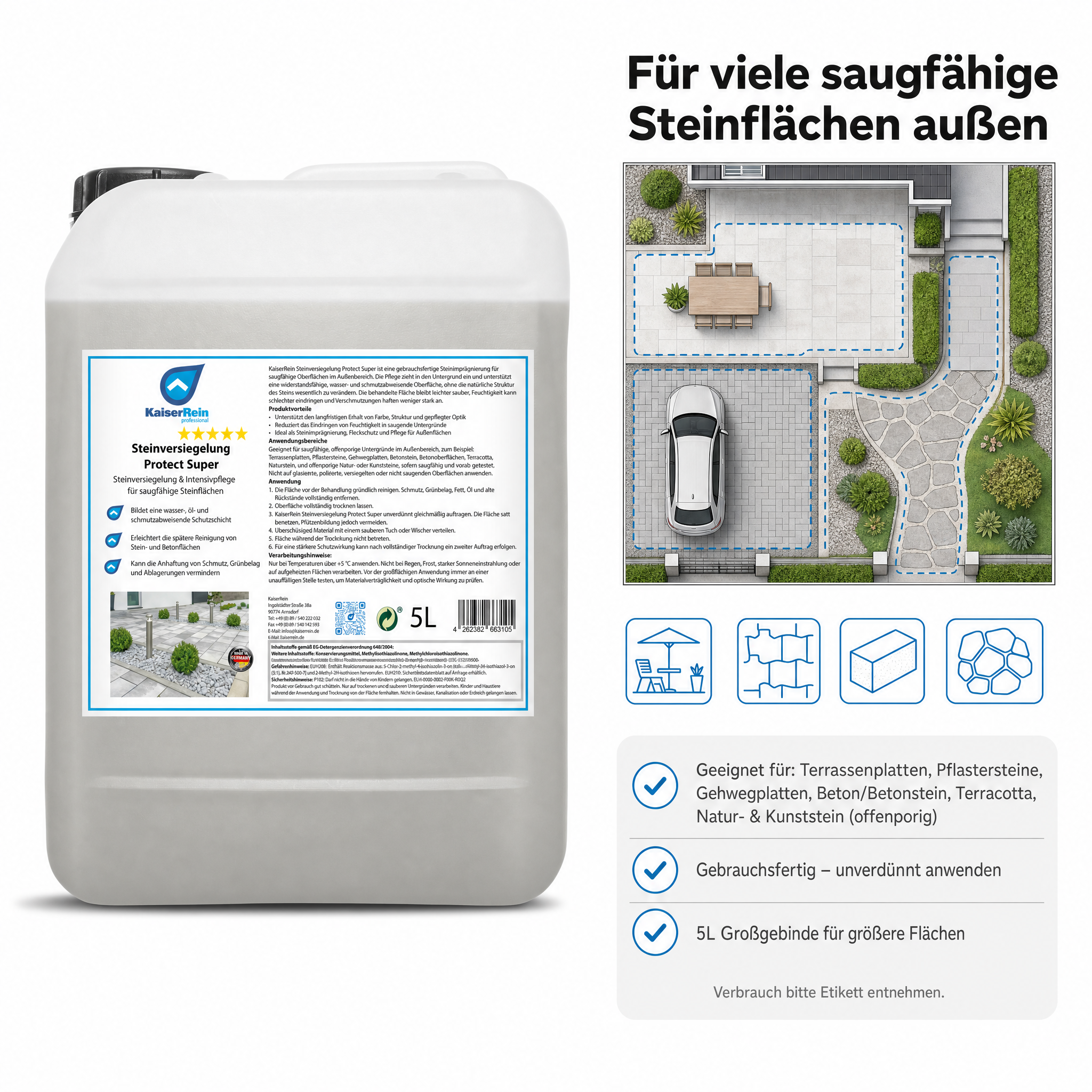 Steinimprägnierung außen Protect Super, Steinversiegelung für Terrassenplatten, Pflastersteine, Beton & Terracotta, wasser-, öl- und schmutzabweisender Fleckschutz, Made in Germany, 5 L