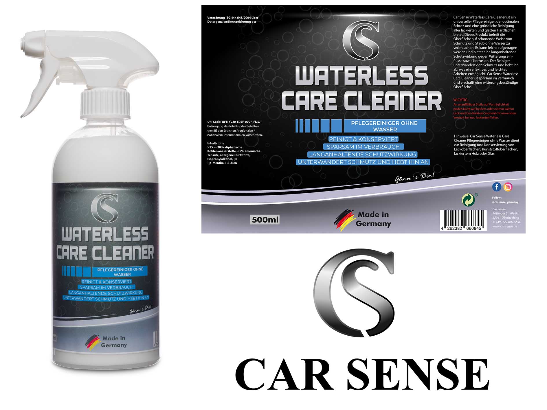 Car Sense Waterless Care Cleaner Auto Waschen ohne Wasser I Auto Pflegereiniger - Reinigung und Pflege ohne Wasser I für glatte und lackierte Oberflächen 
