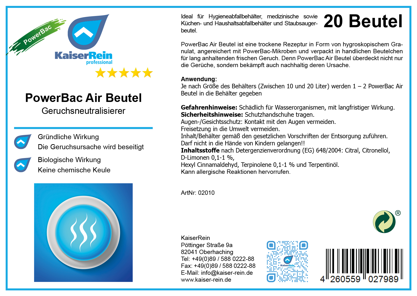 KaiserRein PowerBac Air Beutel (20 Stück) Geruchsneutralisierer-Säckchen für Staubsauger Mülleimer u