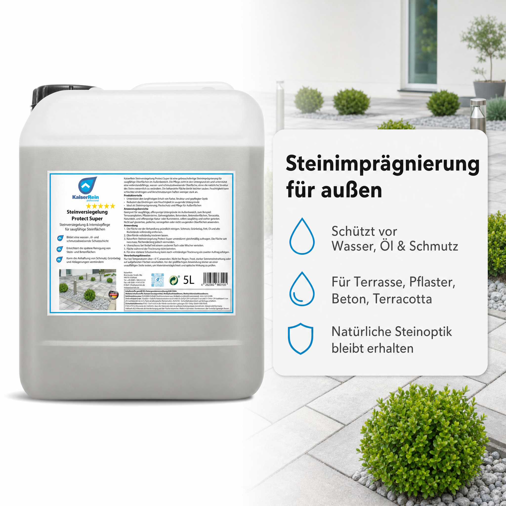 Steinimprägnierung außen Protect Super, Steinversiegelung für Terrassenplatten, Pflastersteine, Beton & Terracotta, wasser-, öl- und schmutzabweisender Fleckschutz, Made in Germany, 5 L