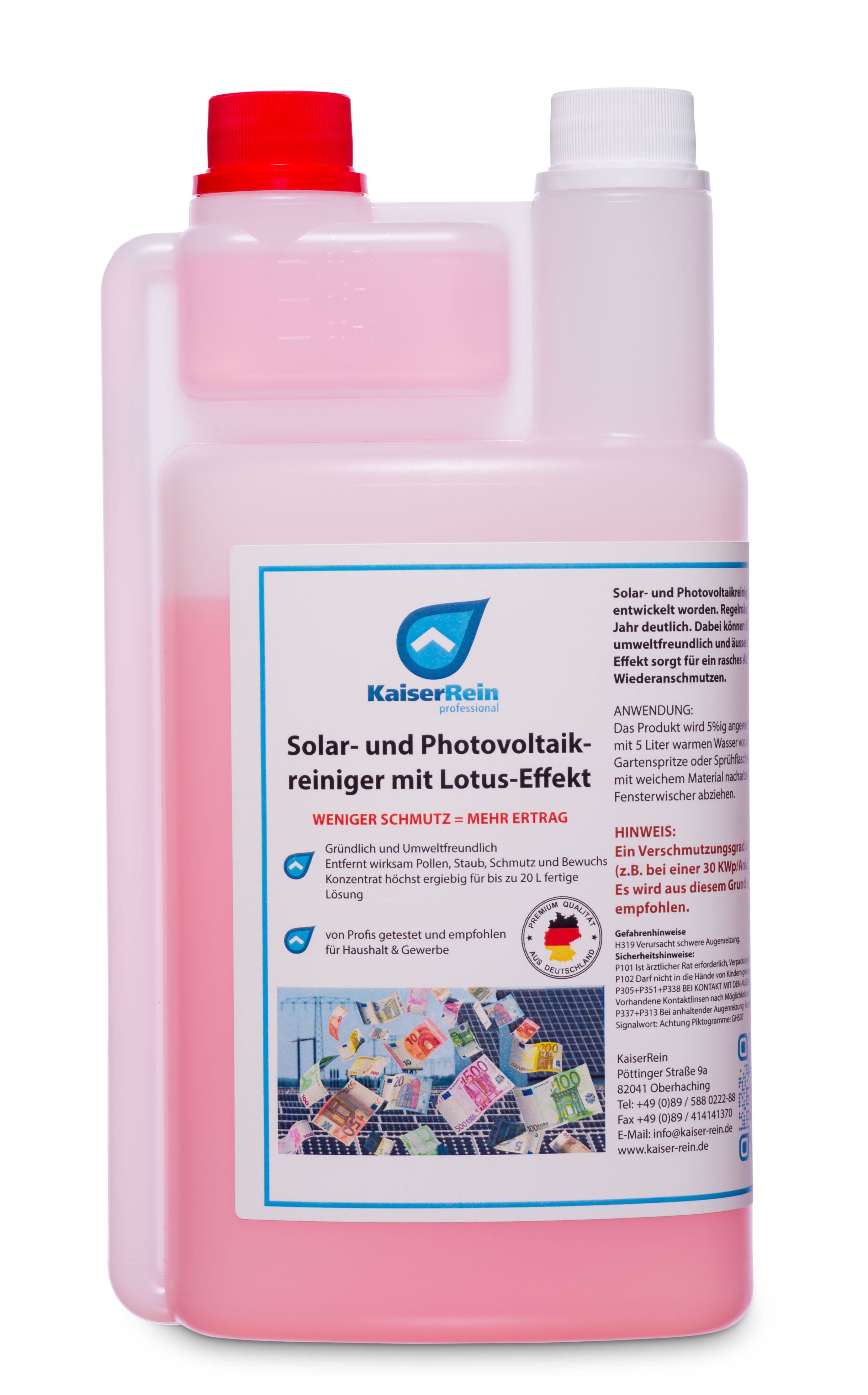 Solaranlagen und Photovoltaik 1 L Reiniger  Konzentrat für Solar Photovoltaikanlagen Solarreiniger 