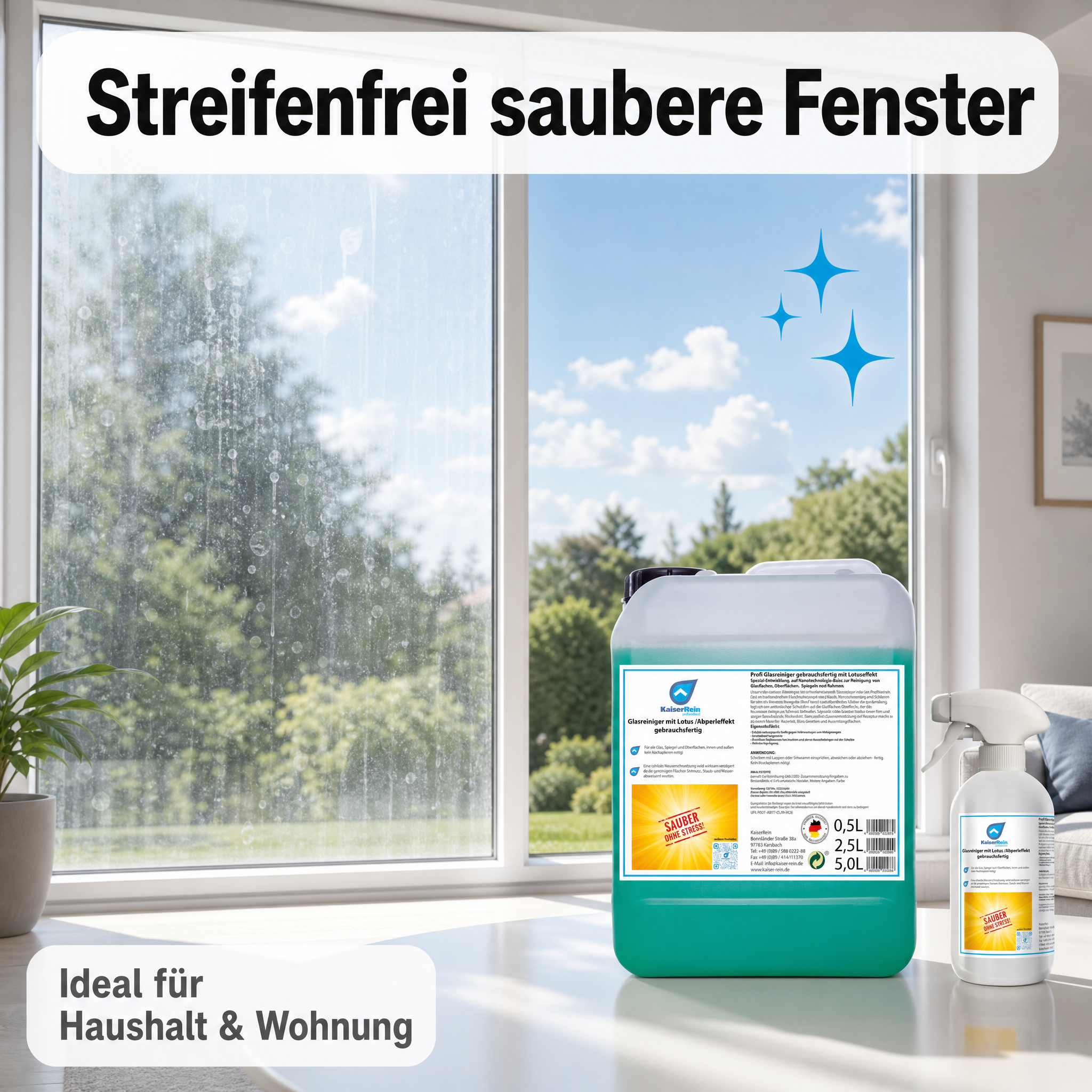 Profi Glasreiniger mit Lotus-effekt (Abperleffelt) gebrauchsfertig 2,5 L Nachfüll Kanister