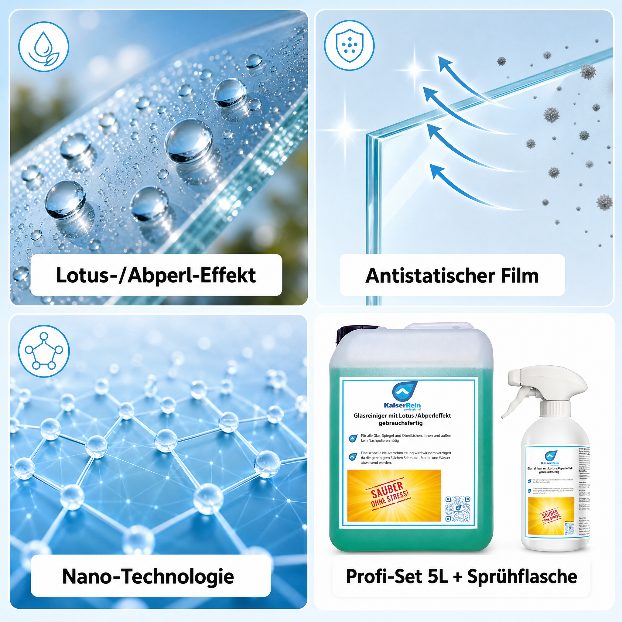 Profi Glasreiniger mit Lotus-effekt (Abperleffelt) gebrauchsfertig 2,5 L Nachfüll Kanister
