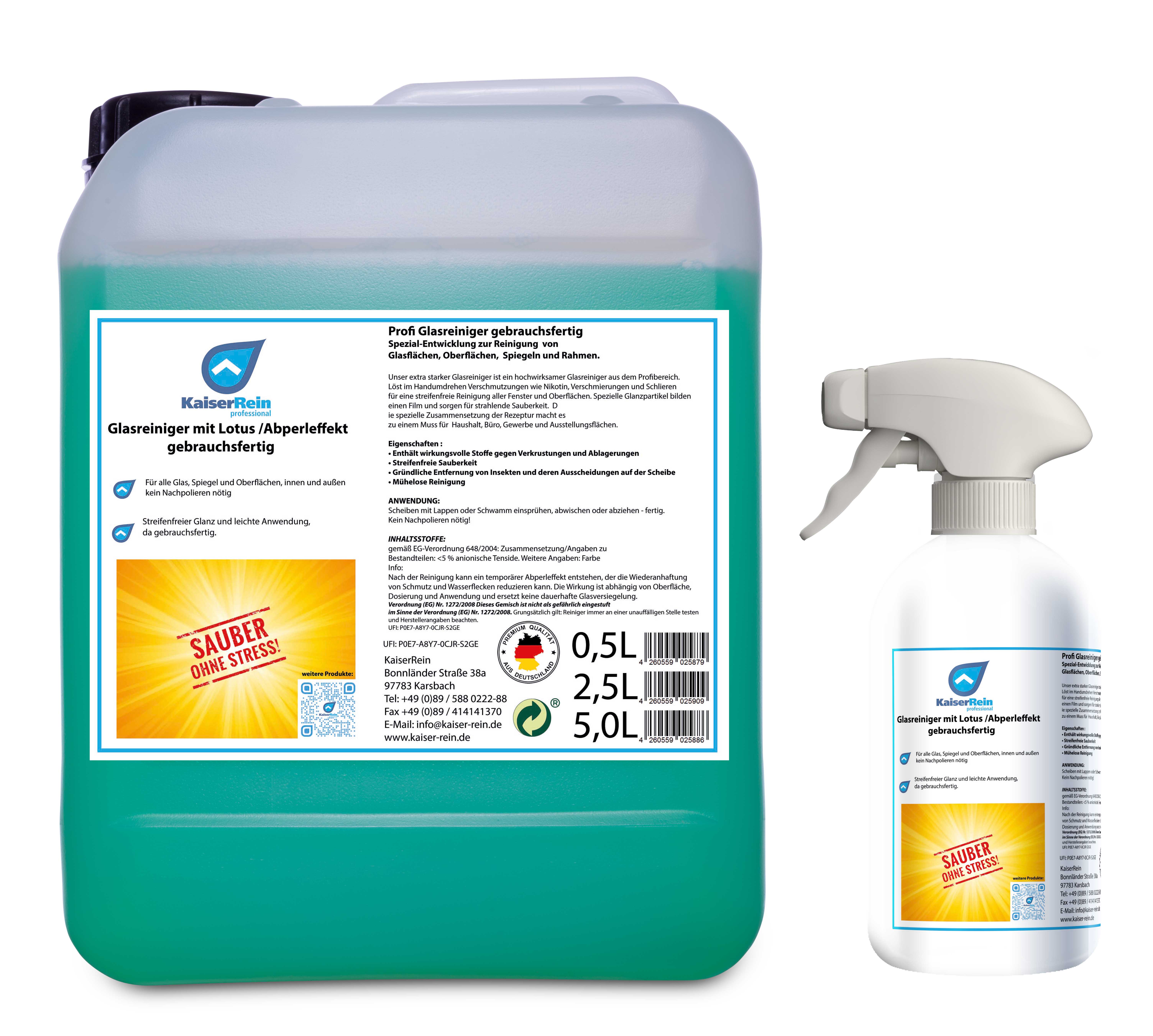 Glasreiniger mit Lotus-Effekt (Abperleffekt) Spray 0,5L Sprayflasche Leer + 5 L Kanister