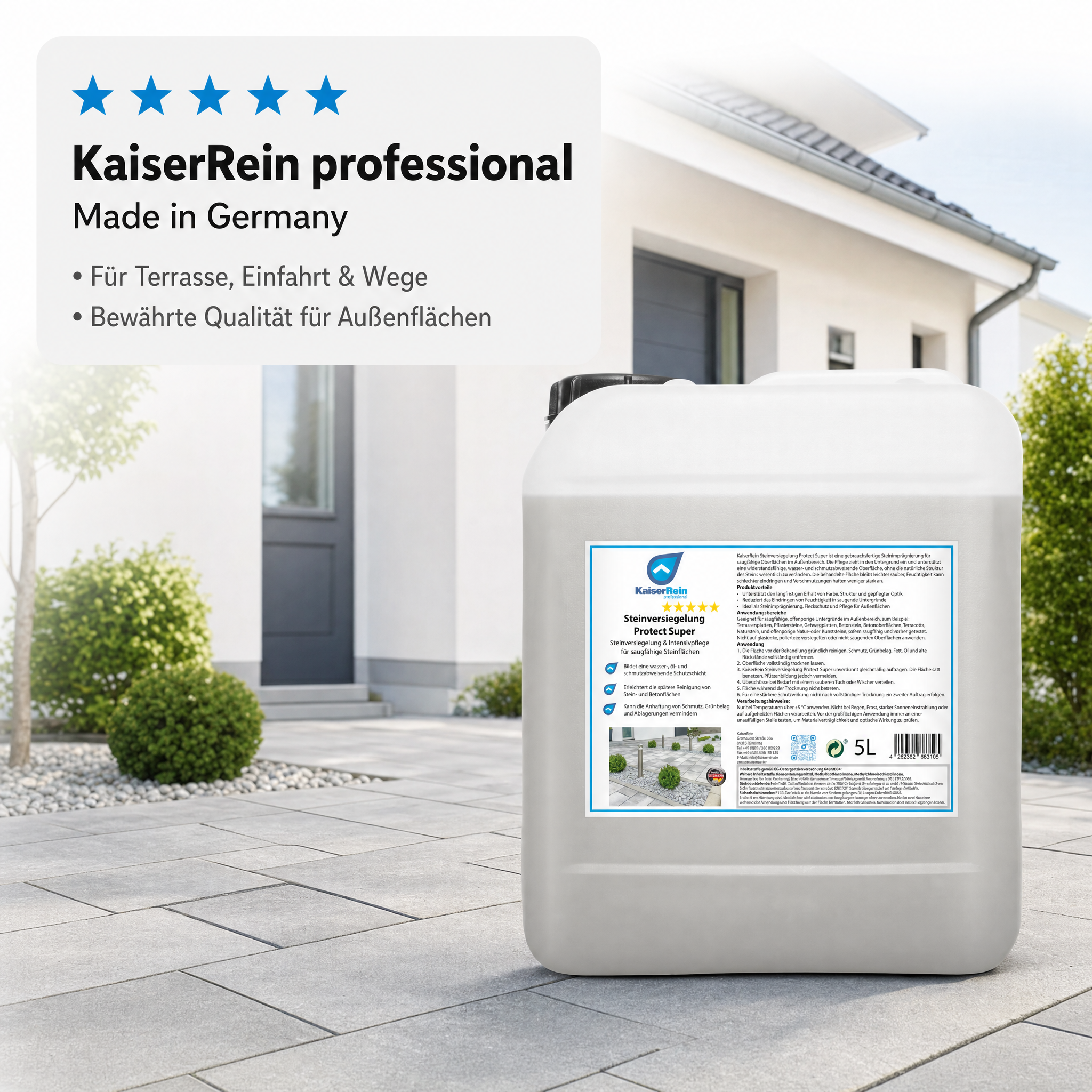 Steinimprägnierung außen Protect Super, Steinversiegelung für Terrassenplatten, Pflastersteine, Beton & Terracotta, wasser-, öl- und schmutzabweisender Fleckschutz, Made in Germany, 5 L