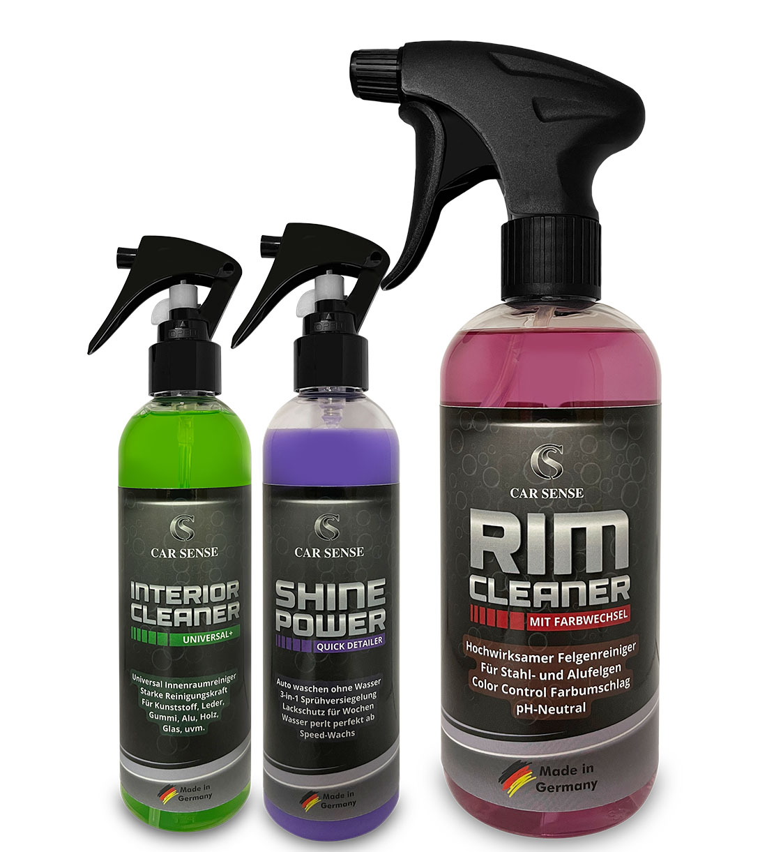 Car Sense 3-teiliges Autopflege Set x Interior Cleaner 250ml 1x Rim Cleaner 500ml 1x Shine Power 250