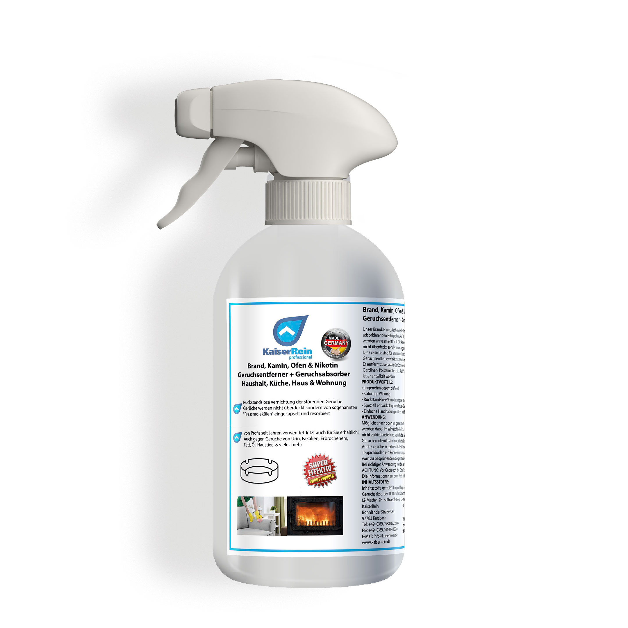 KaiserRein Geruchsentferner + Geruchsabsorber 500 ml Brand-, Kamin-, Ofen- Nikotin- Gerüche