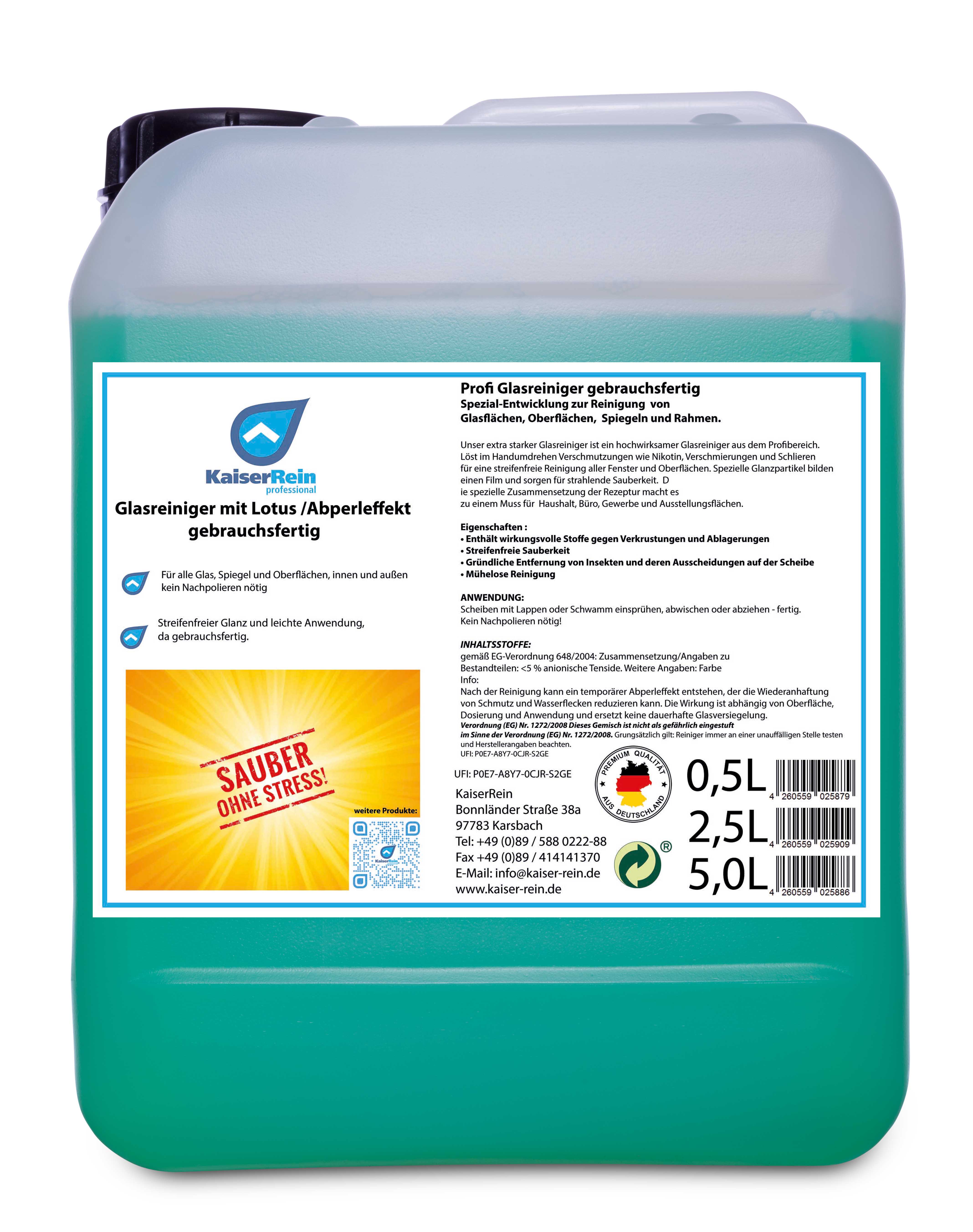 Profi Glasreiniger mit Lotus-effekt (Abperleffelt) gebrauchsfertig 5 L Nachfüll Kanister