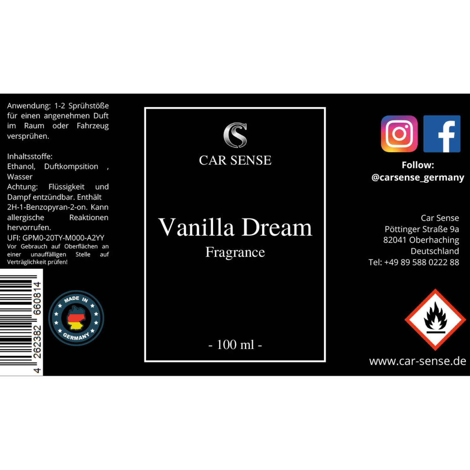 Car Sense Vanilla Dream Auto-parfüm 100 ml Sprühflasche der perfekte Duft für dein Fahrzeug