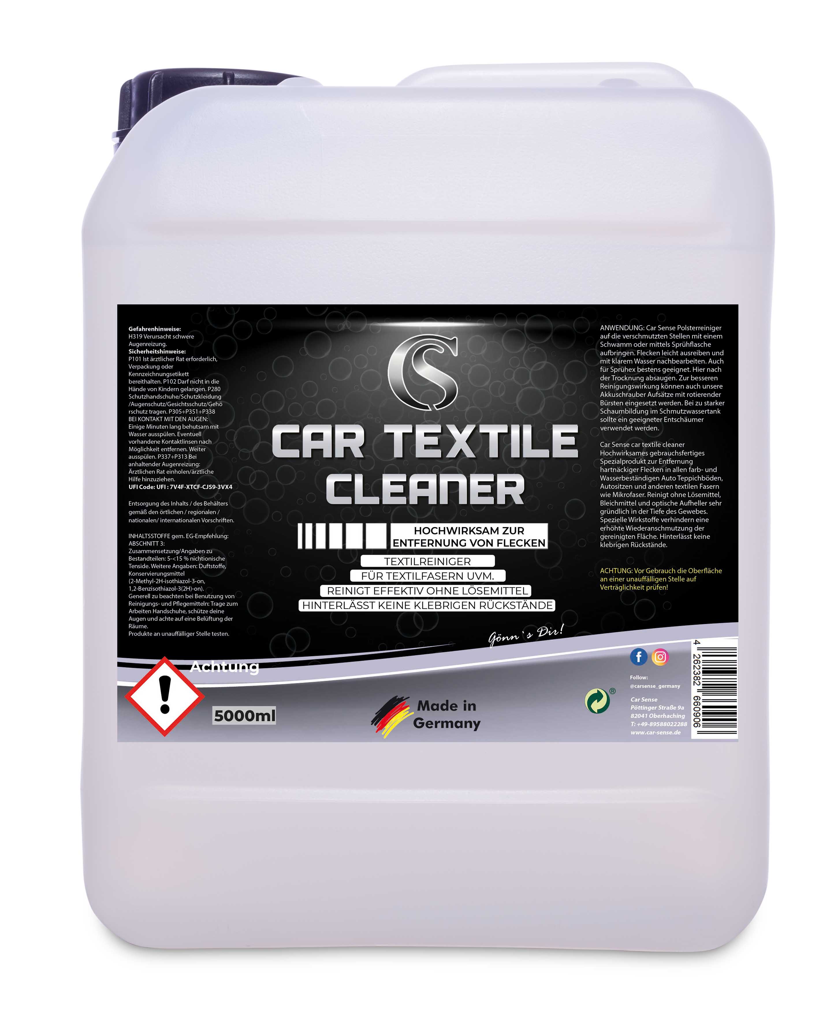 Car Sense Car Textile Cleaner - Polsterreinigung für Autoinnenraum - Autositz Reiniger, Fleckenentferner, Autopolsterreinigungsmittel hochwirksam & materialschonend