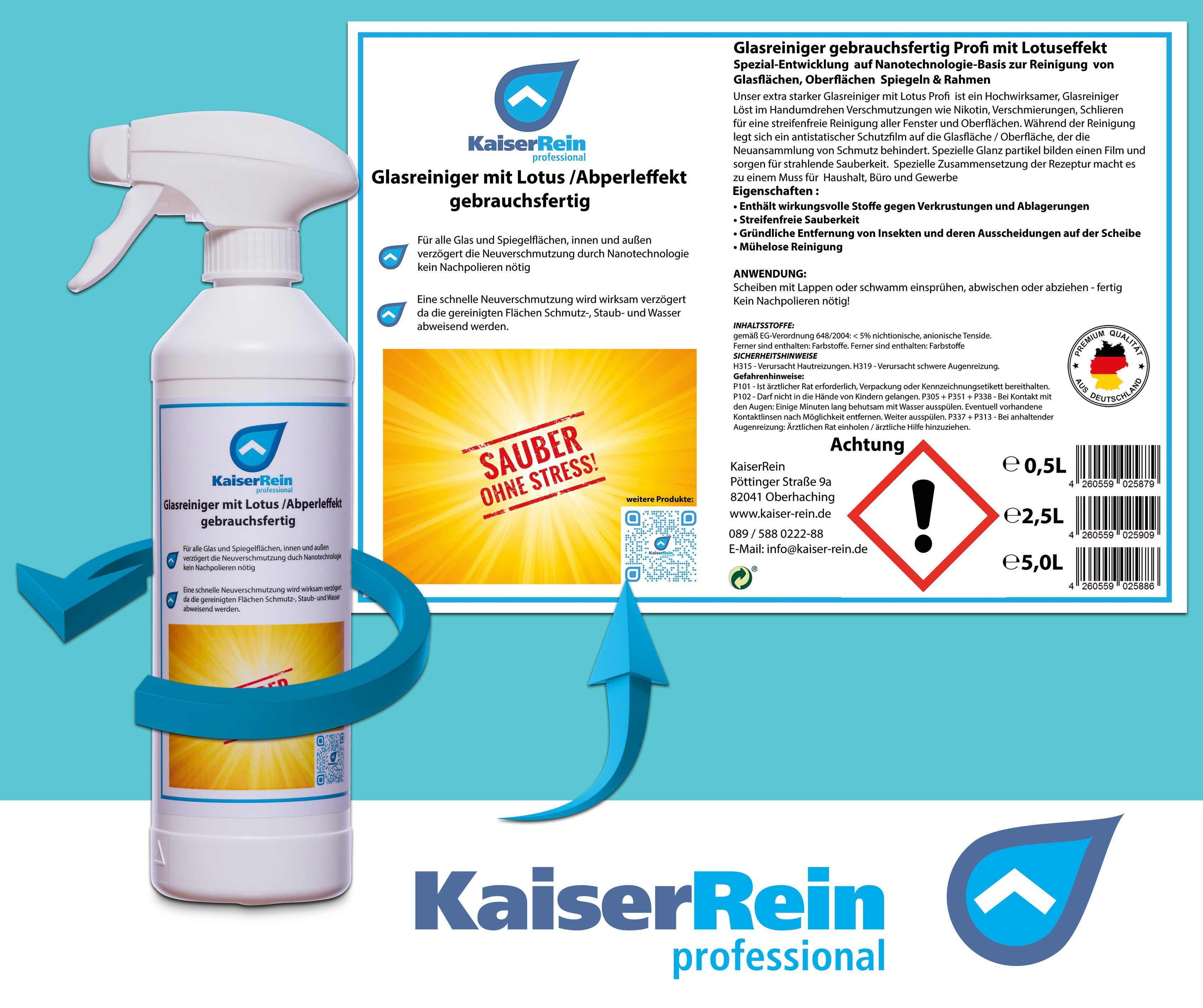 Glasreiniger mit Lotus-Effekt (Abperleffekt) Spray 0,5L Sprayflasche Leer + 5 L Kanister