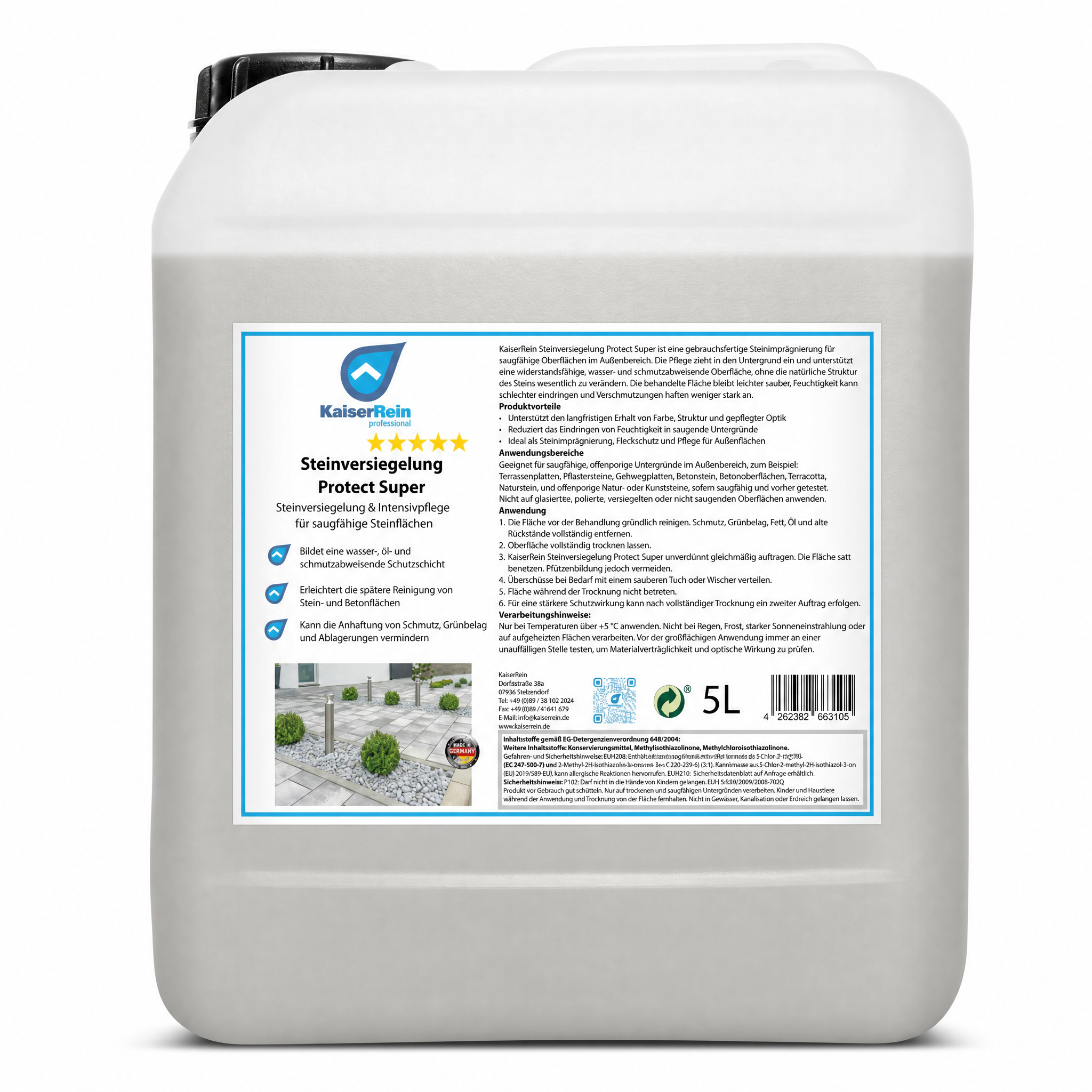 Steinimprägnierung außen Protect Super, Steinversiegelung für Terrassenplatten, Pflastersteine, Beton & Terracotta, wasser-, öl- und schmutzabweisender Fleckschutz, Made in Germany, 5 L