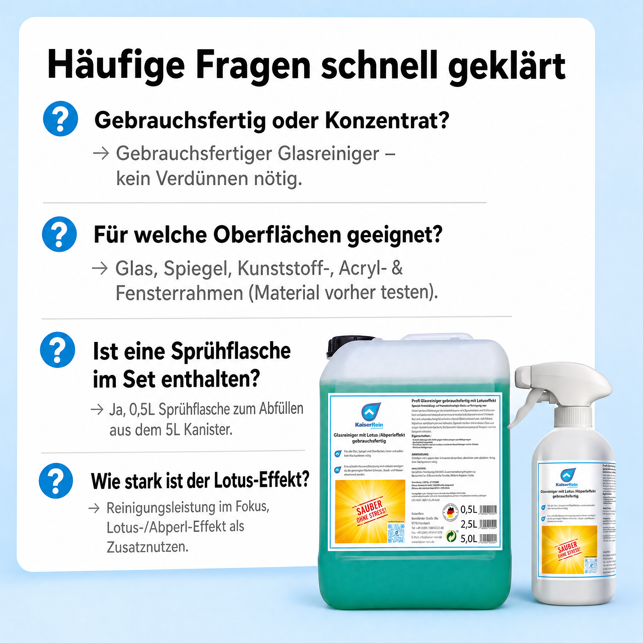 Profi Glasreiniger mit Lotus-effekt (Abperleffelt) gebrauchsfertig 2,5 L Nachfüll Kanister