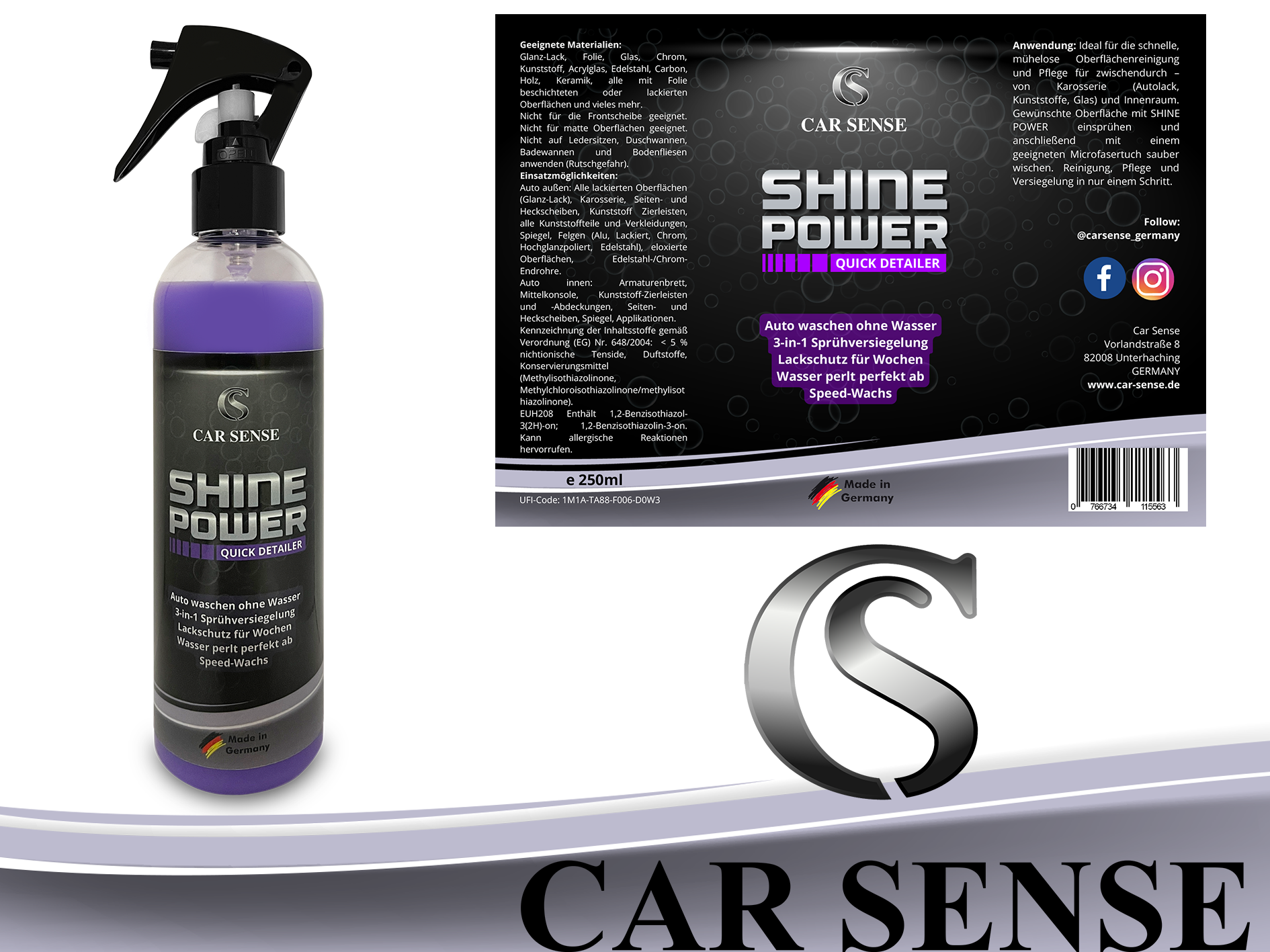 Car Sense Shine Power Quick Detailer Speed-Wachs 0,25L 3 in 1 Autolack-Reiniger