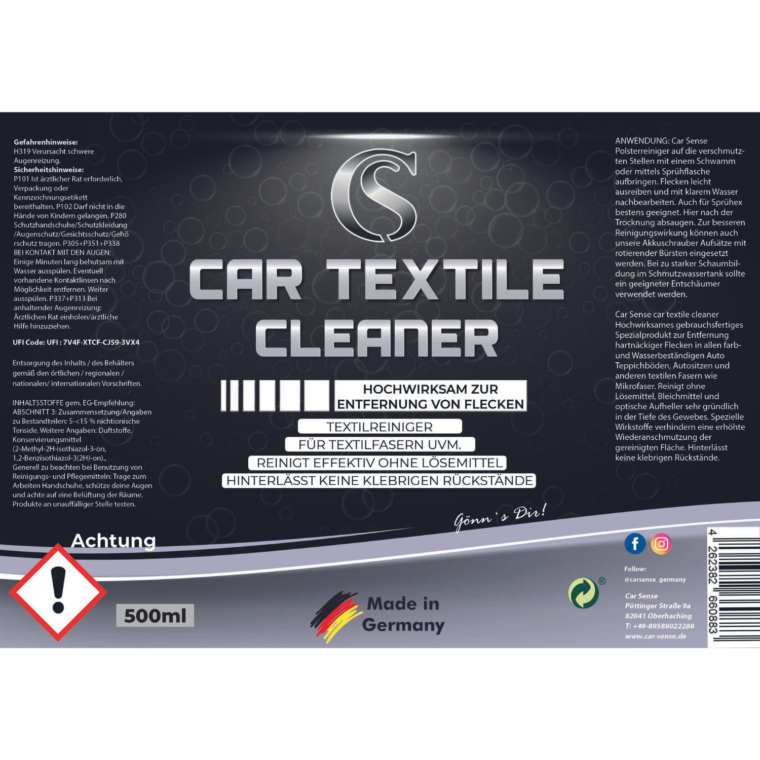 Car Sense Car Textile Cleaner - Polsterreinigung für Autoinnenraum - Autositz Reiniger, Fleckenentferner, Autopolsterreinigungsmittel hochwirksam & materialschonend