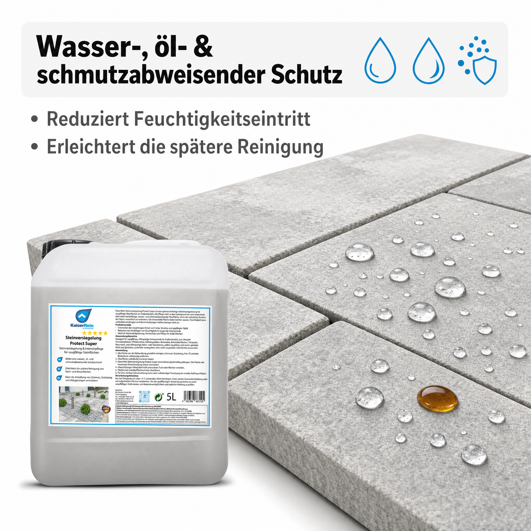 Steinimprägnierung außen Protect Super, Steinversiegelung für Terrassenplatten, Pflastersteine, Beton & Terracotta, wasser-, öl- und schmutzabweisender Fleckschutz, Made in Germany, 5 L