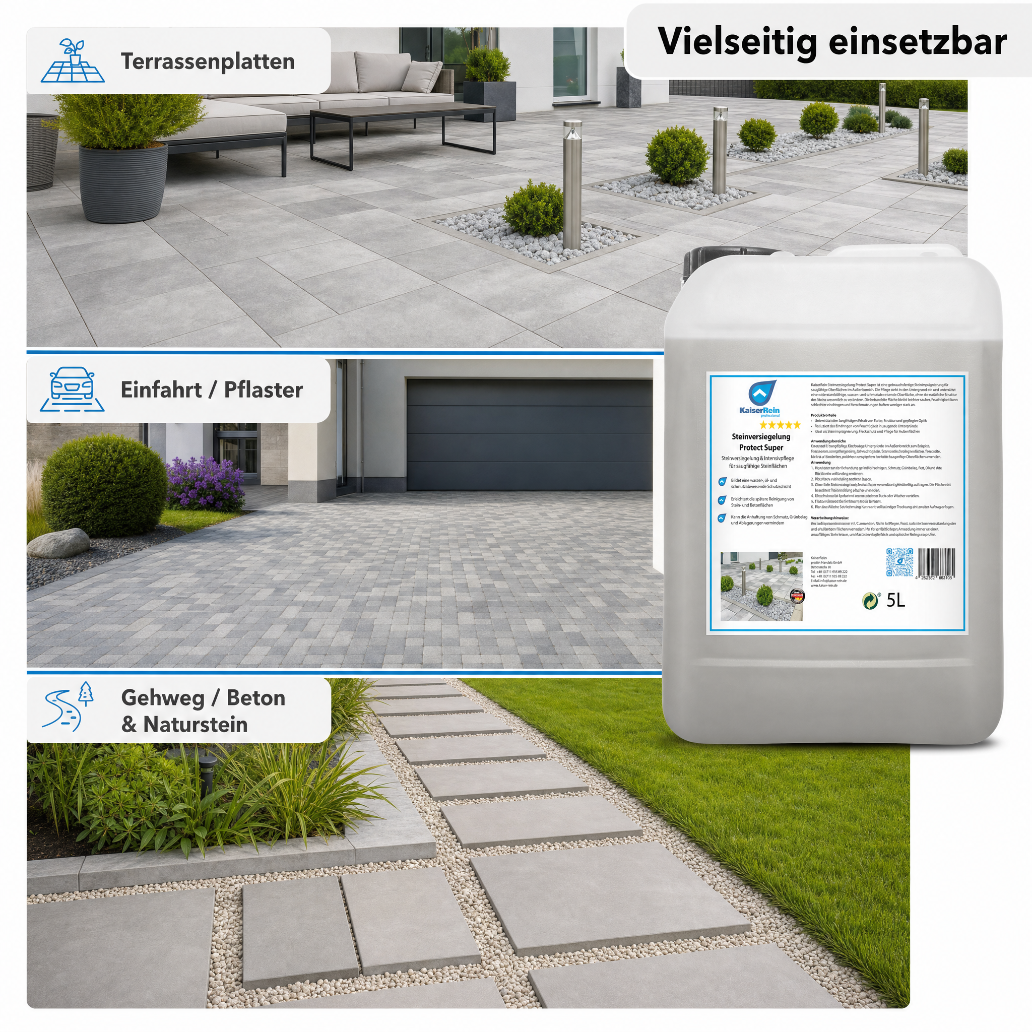 Steinimprägnierung außen Protect Super, Steinversiegelung für Terrassenplatten, Pflastersteine, Beton & Terracotta, wasser-, öl- und schmutzabweisender Fleckschutz, Made in Germany, 5 L