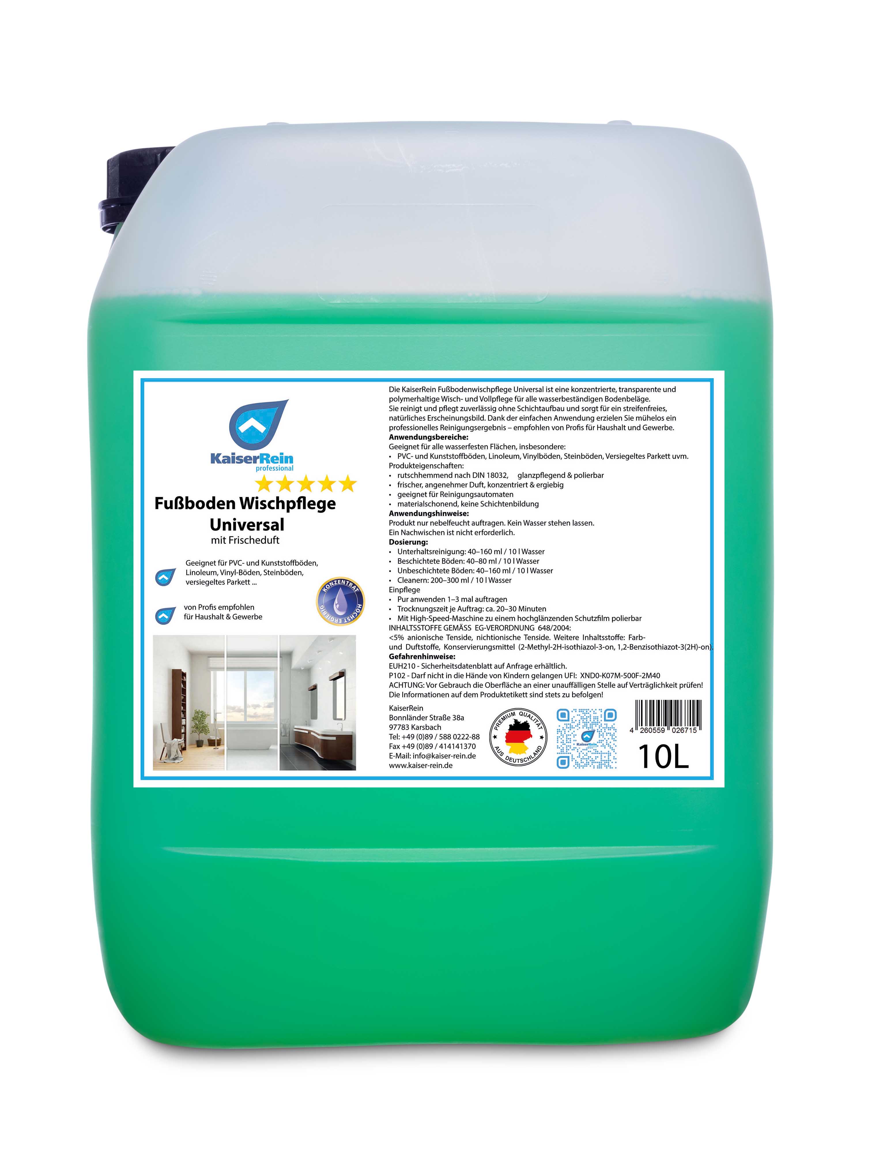Fußbodenwischpflege Universal 10L – pH-neutraler Bodenreiniger & Wischpflege mit Frischeduft – streifenfrei, polierbar, für PVC, Vinyl, Linoleum, Stein & versiegeltes Parkett