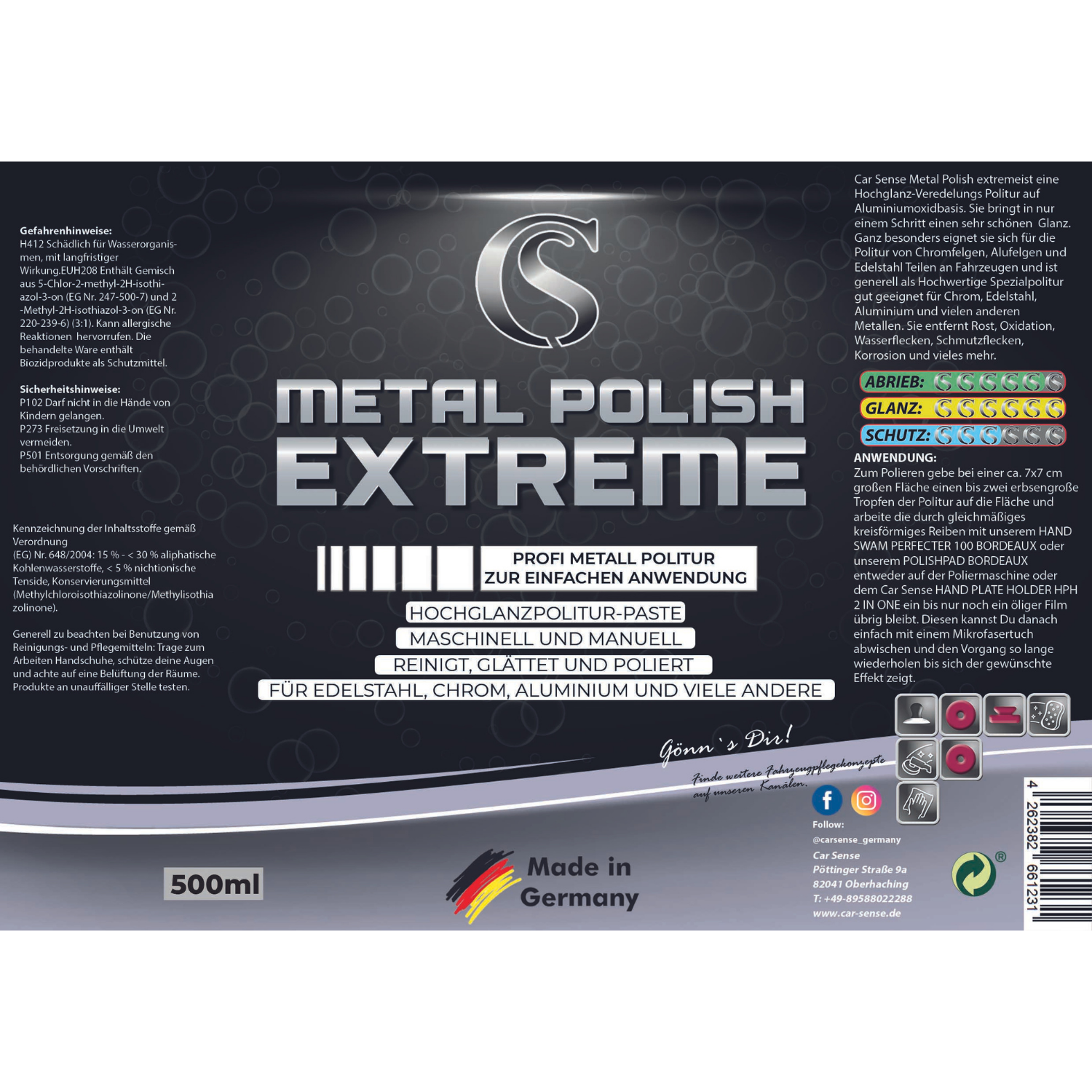 Car Sense Metal Polish ist eine Hochglanz-Veredelungs Politur auf Aluminiumoxidbasis 