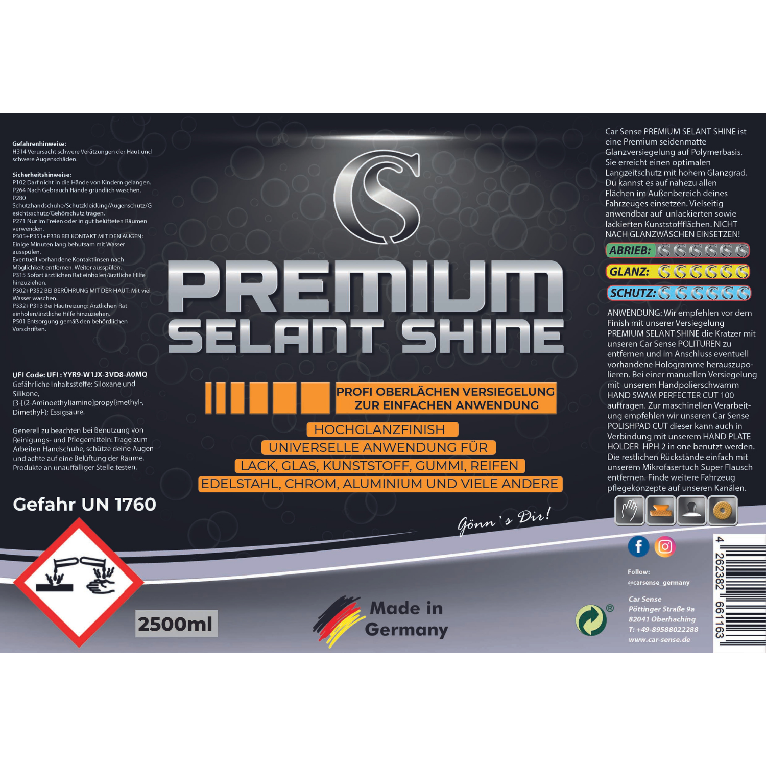 Car Sense Premium Selant Shine Premium seidenmatte Glanzversiegelung auf Polymerbasis | Für Oberflächen an Fahrzeugen | Langzeitschutz mit hohem Glanzgrad | Vielseitig anwendbar