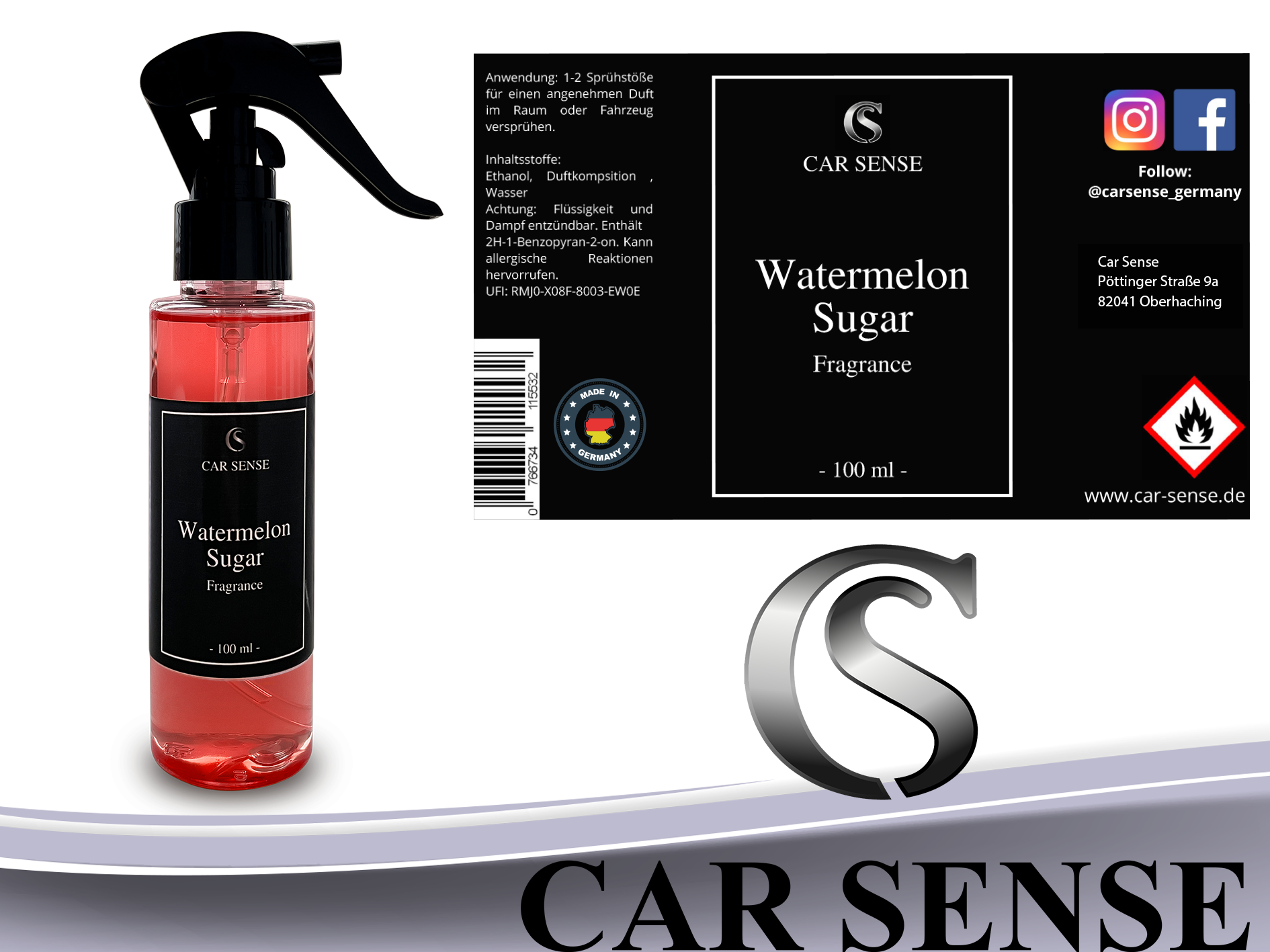 Car Sense Watermelon Sugar Auto-parfüm 100 ml Sprühflasche der perfekte Duft für dein Fahrzeug