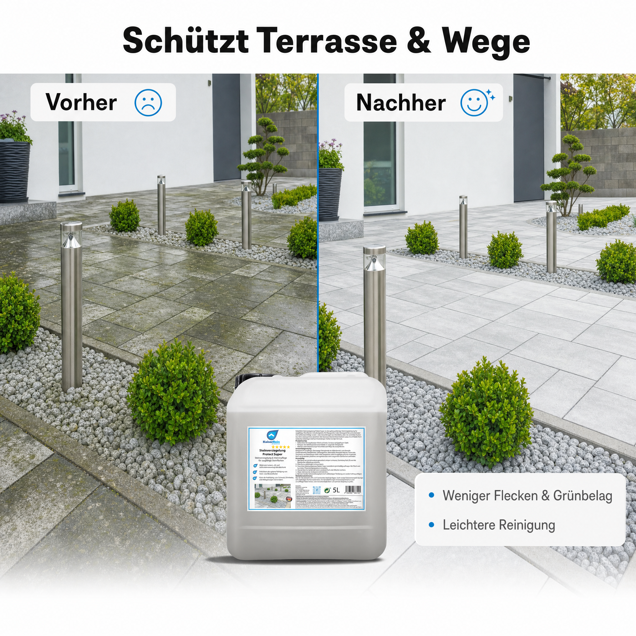 Steinimprägnierung außen Protect Super, Steinversiegelung für Terrassenplatten, Pflastersteine, Beton & Terracotta, wasser-, öl- und schmutzabweisender Fleckschutz, Made in Germany, 5 L