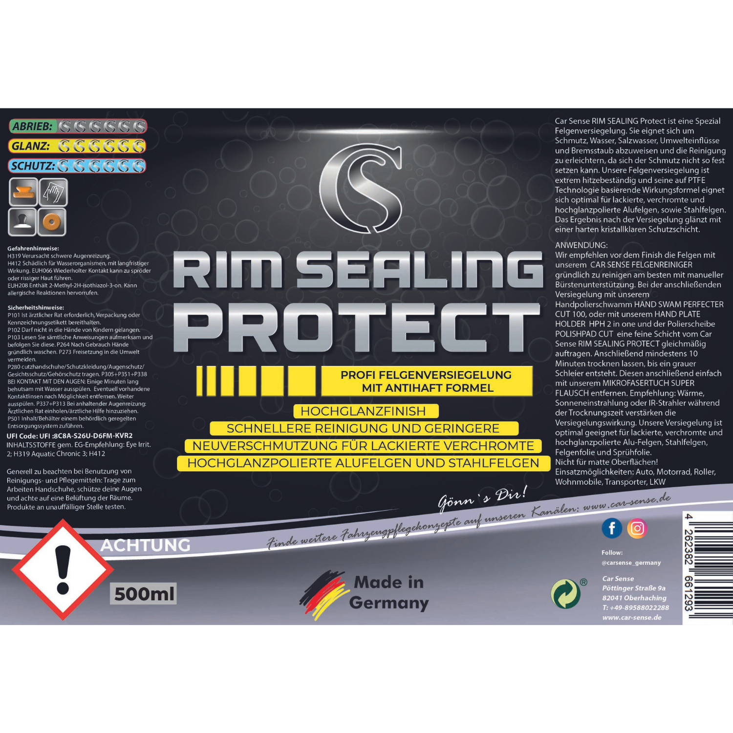 Car Sense Rim Sealing Protect Felgen-Versiegelung mit PTFE-Technologie - Hitzebeständig und langanhaltend - Schutz vor Bremsstaub, Schmutz, Wasser und Salz