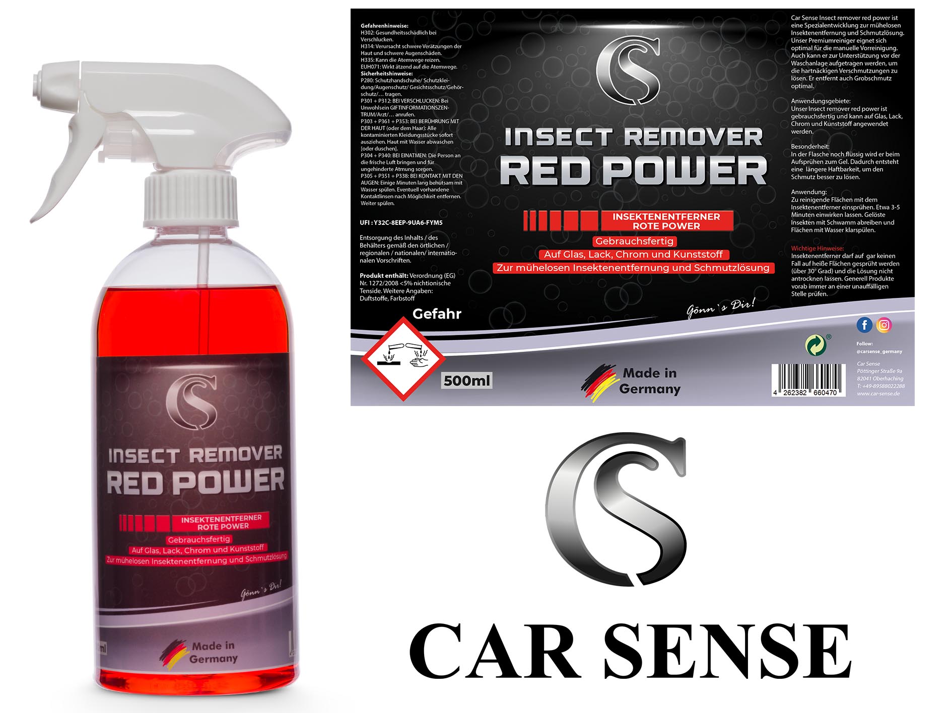 Car Sense Insect remover red power Gel 0,5 L ist problemlos auf Glas, Lack, Chrom und Kunststoff