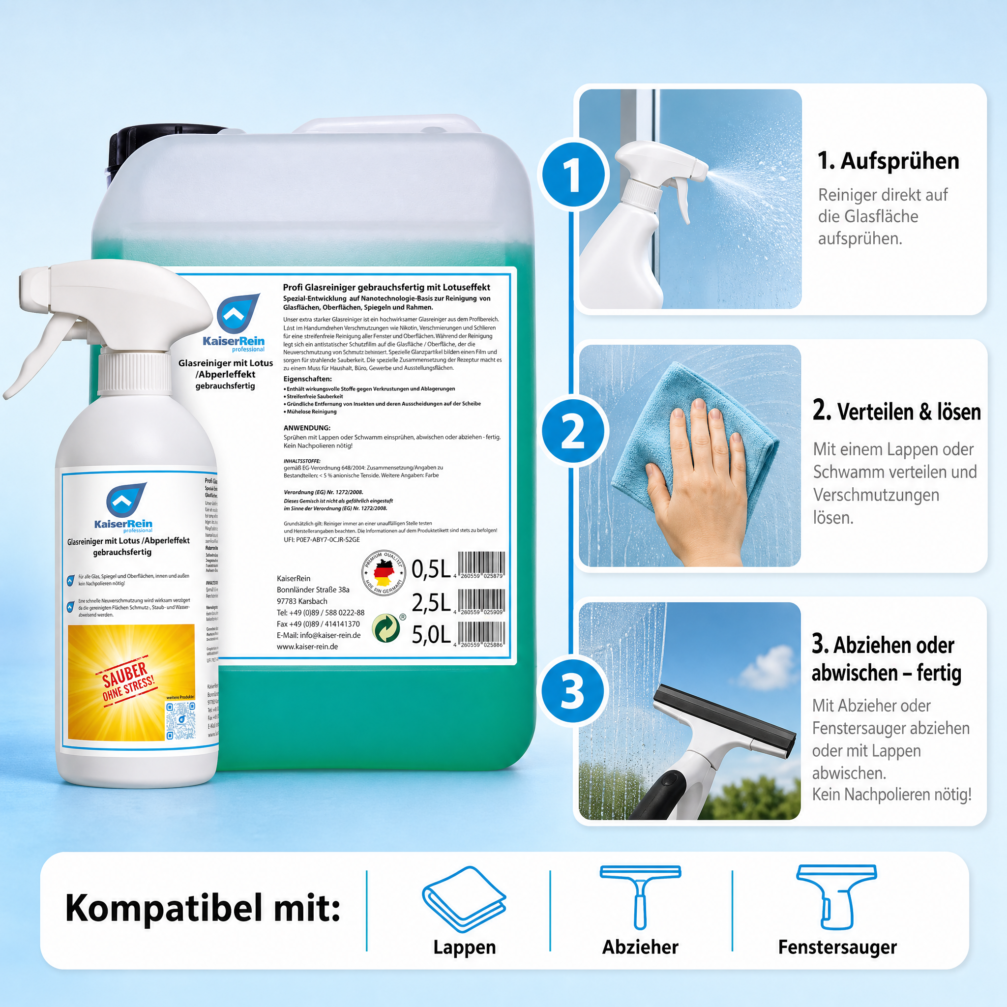 Profi Glasreiniger mit Lotus-effekt (Abperleffelt) gebrauchsfertig 2,5 L Nachfüll Kanister