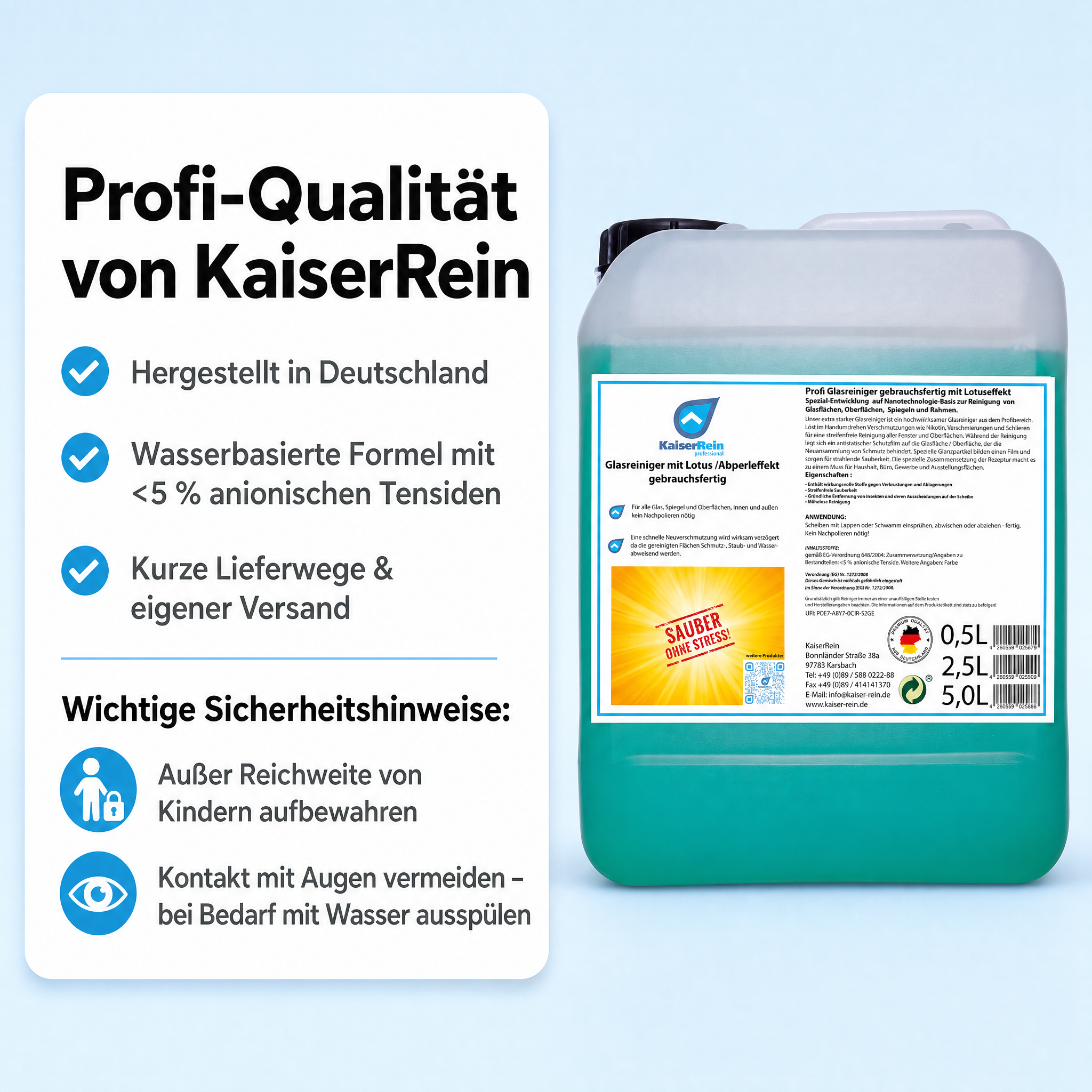 Profi Glasreiniger mit Lotus-effekt (Abperleffelt) gebrauchsfertig 2,5 L Nachfüll Kanister