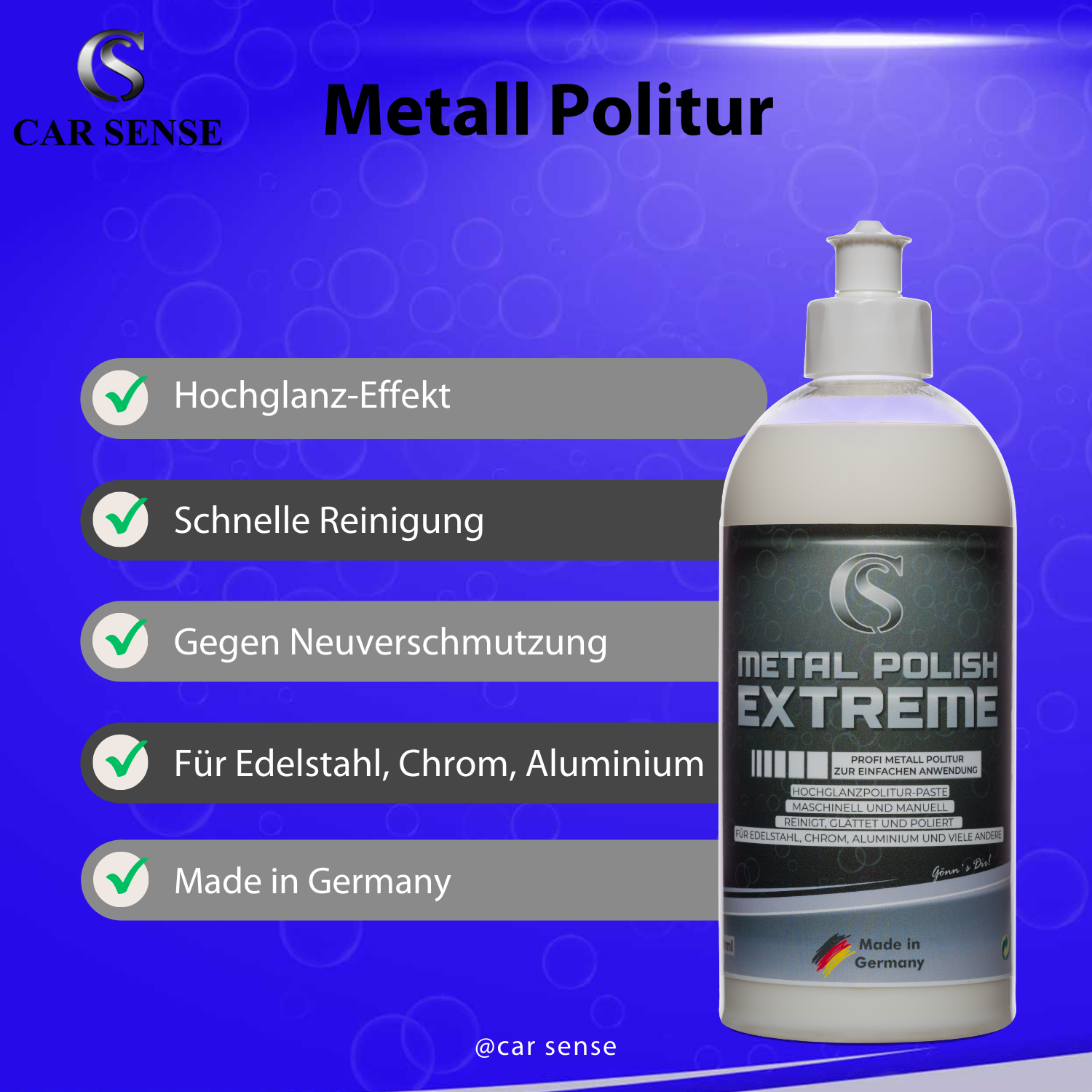 Car Sense Metal Polish ist eine Hochglanz-Veredelungs Politur auf Aluminiumoxidbasis 