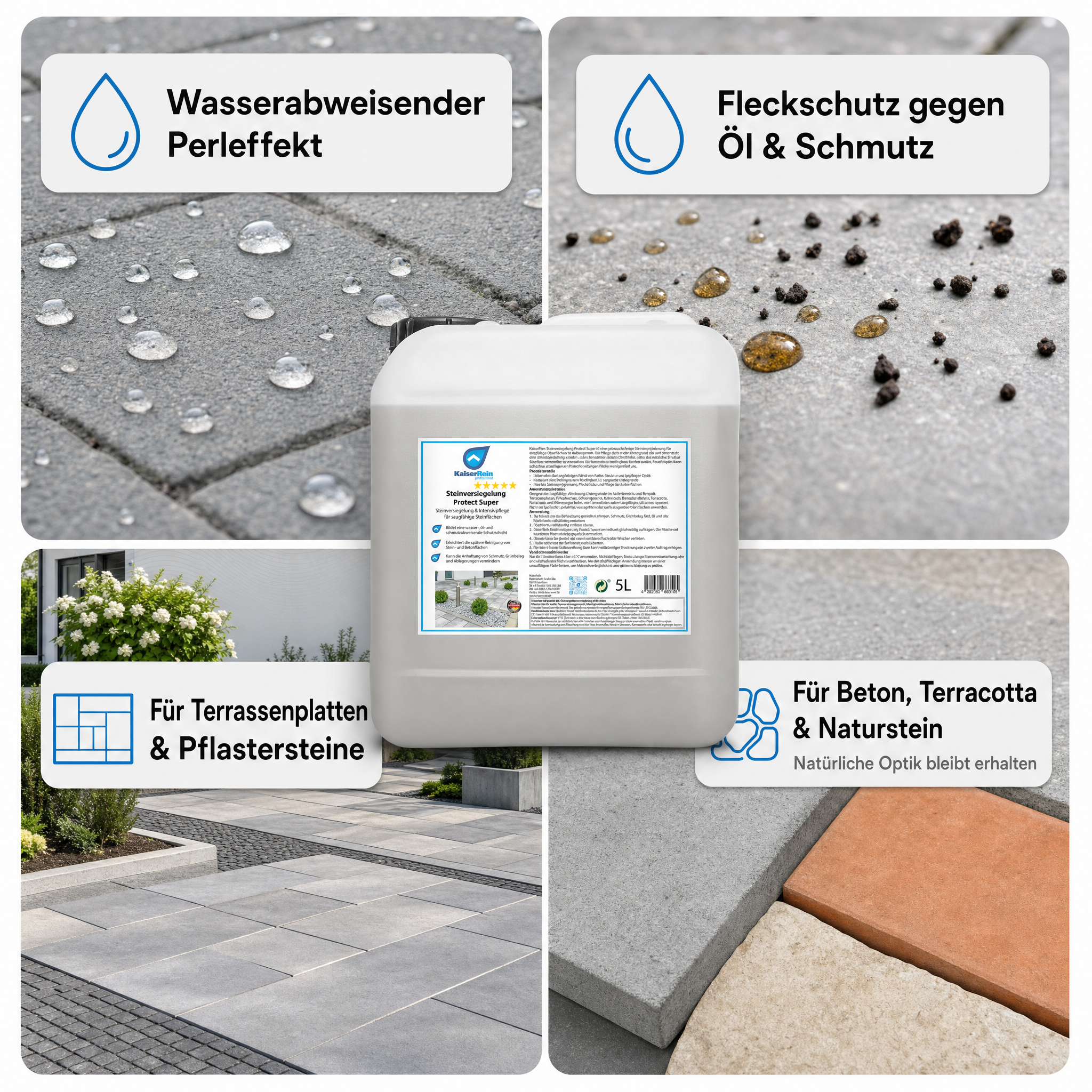 Steinimprägnierung außen Protect Super, Steinversiegelung für Terrassenplatten, Pflastersteine, Beton & Terracotta, wasser-, öl- und schmutzabweisender Fleckschutz, Made in Germany, 5 L